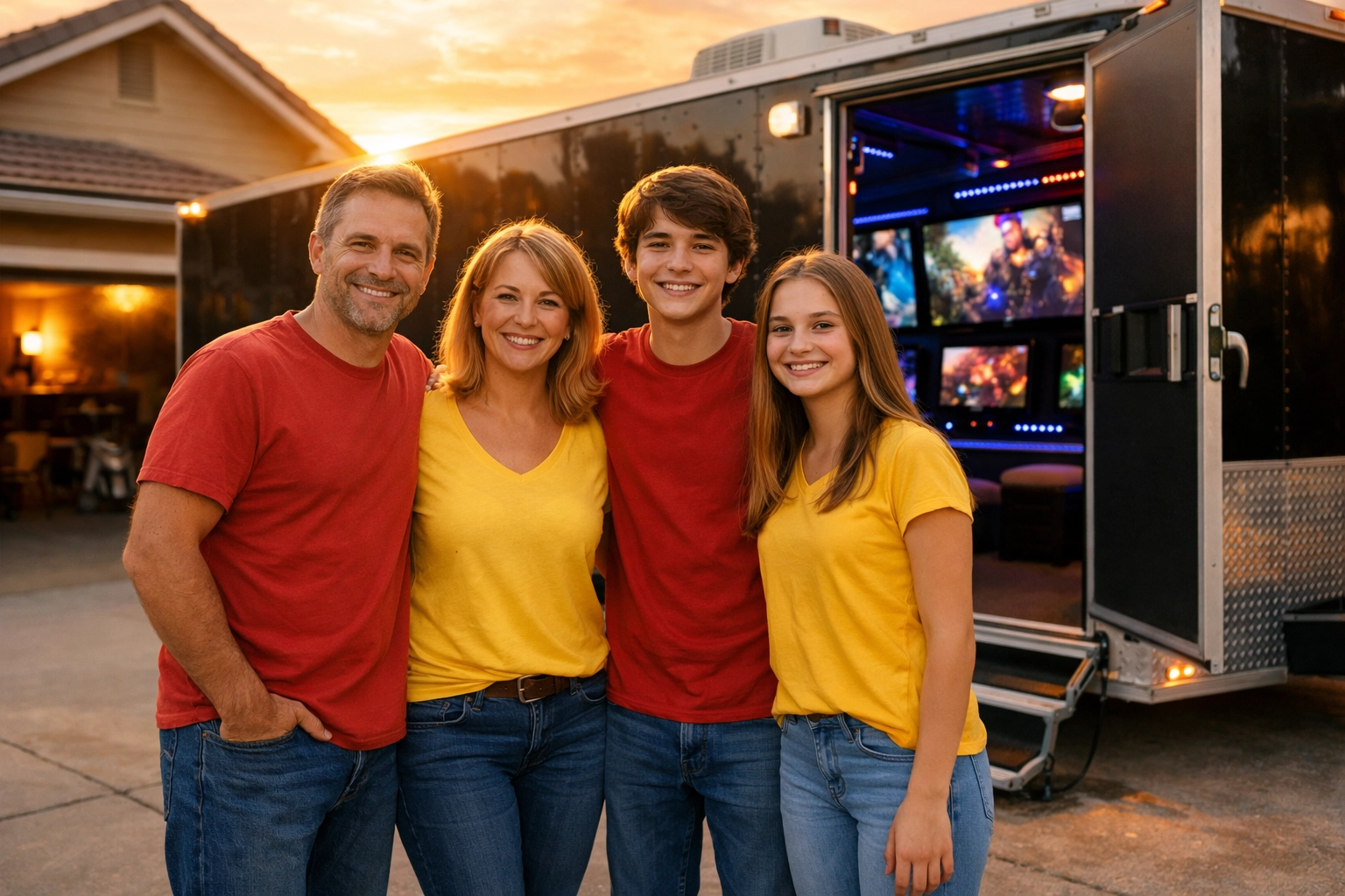 Family standing with their game truck business as a successful side hustle opportunity