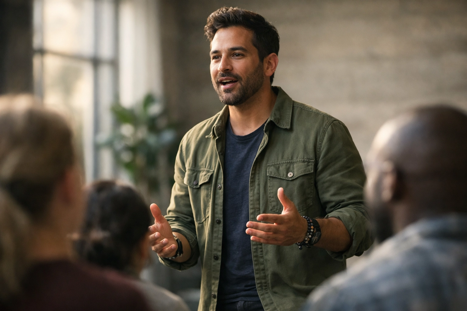 Confident man in his 30s leading and speaking with passion