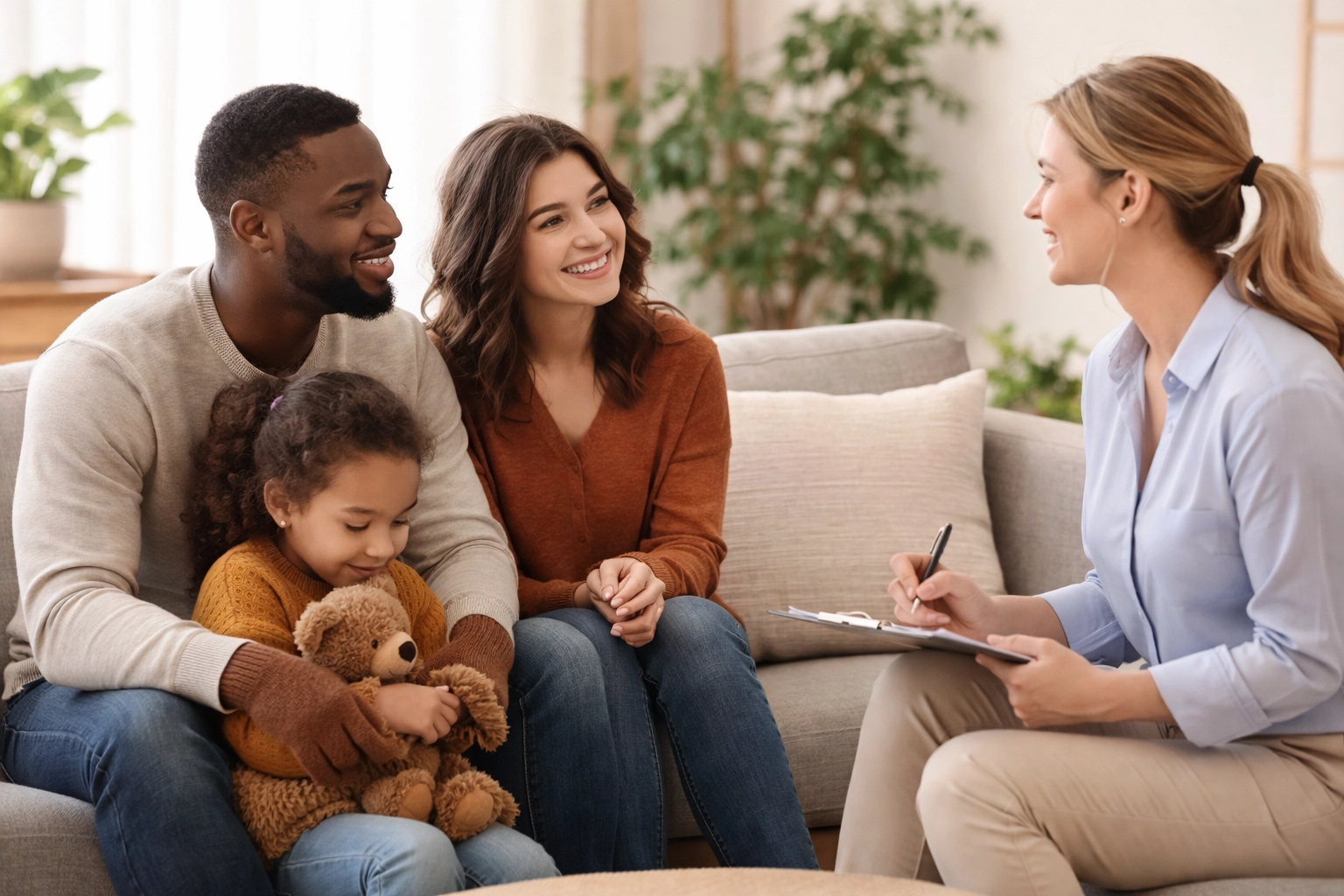 Family meeting with ABA therapist in comfortable home, discussing behavior support in Tyrone, Georgia.