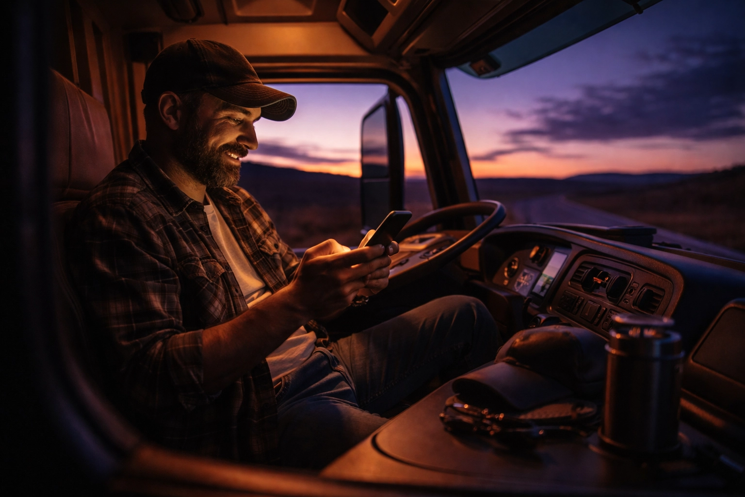 Truck driver using online doctor service via text in semi cab at sunset, healthcare for travelers