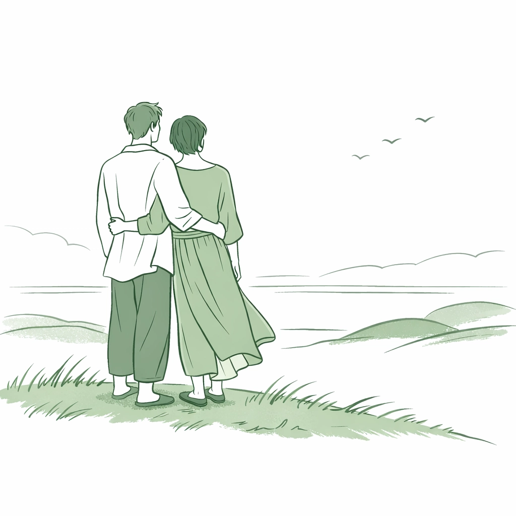 Minimalist illustration of a gay couple embracing on a hill, symbolizing non-binary freedom and queer joy.