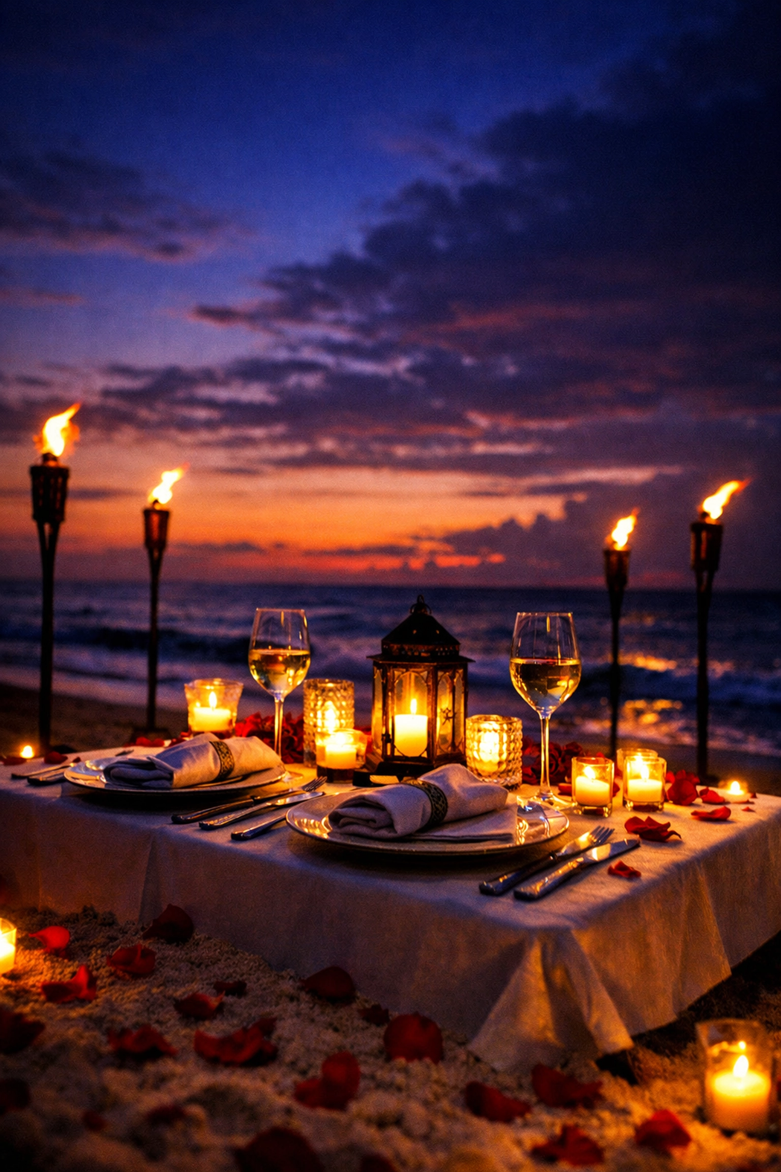 Romantic beachfront dinner for two at sunset in Puerto Vallarta with tiki torches and candles