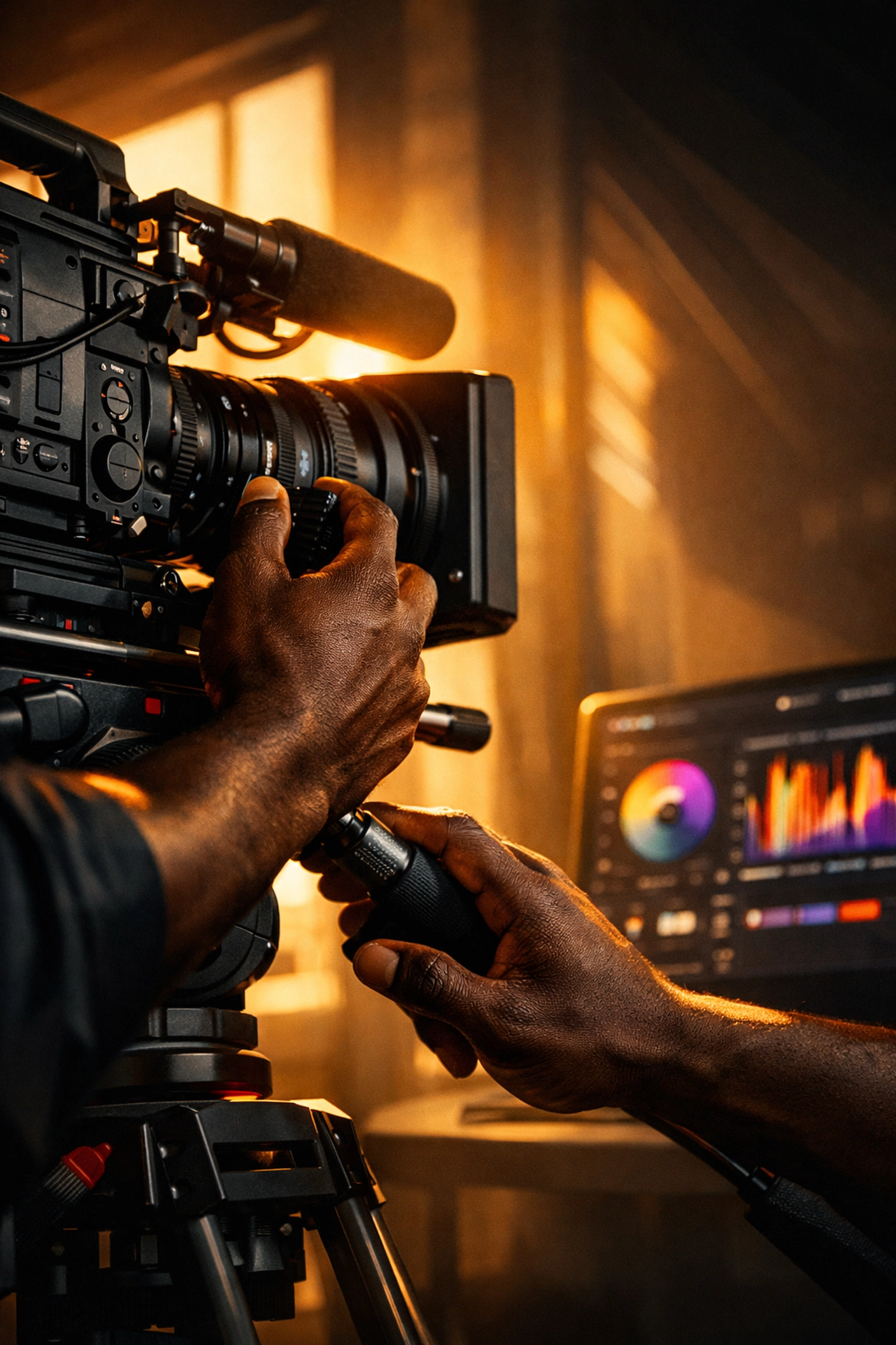 Black filmmaker adjusting professional cinema camera with editing software in background