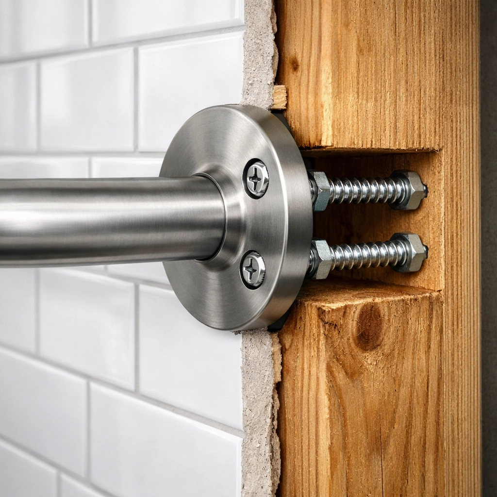 Bathroom safety rail bracket securely bolted through tile into a wooden wall stud for structural support.