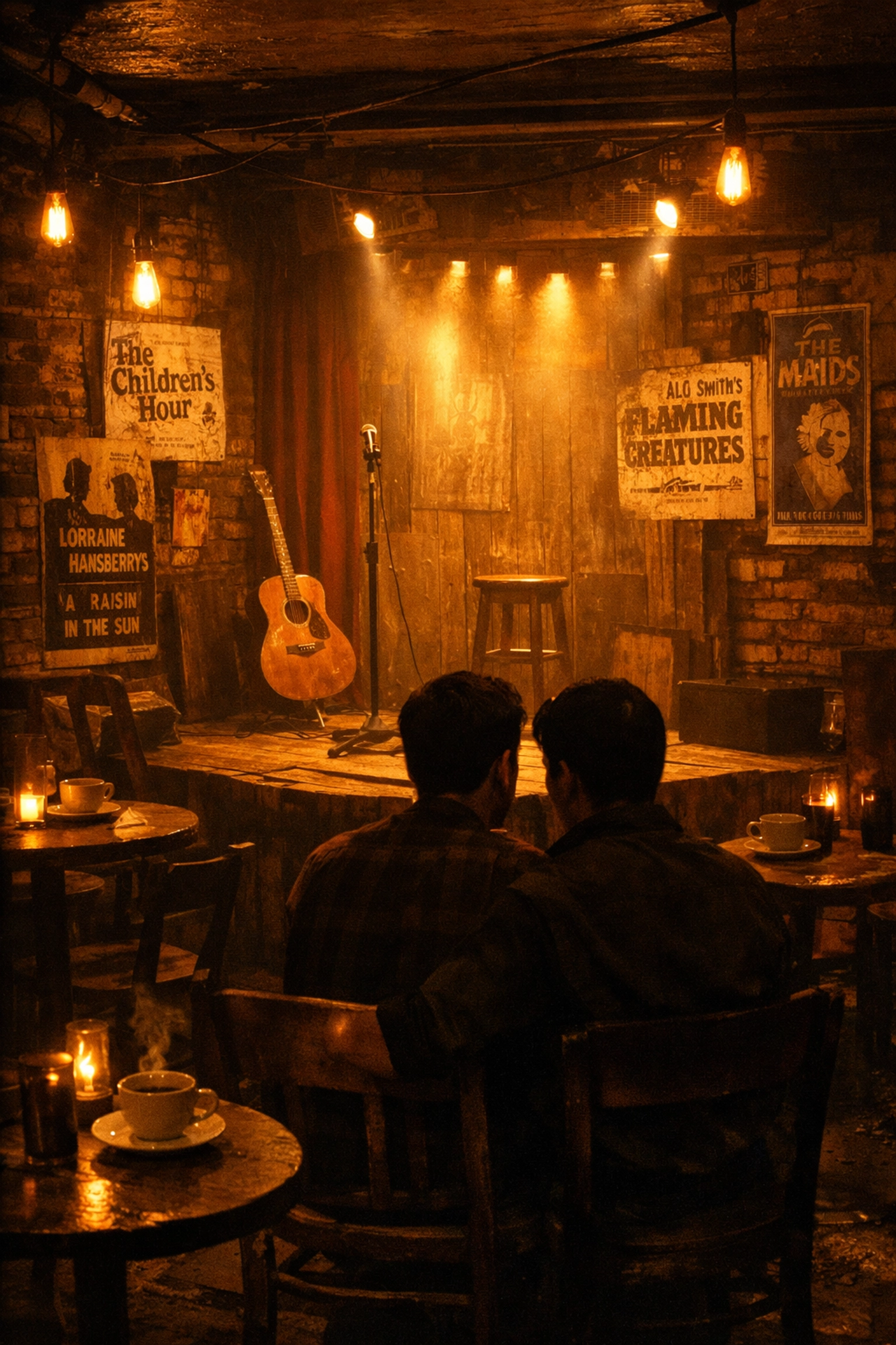 1960s Caffe Cino coffee shop interior with intimate theatre space for LGBTQ+ performances