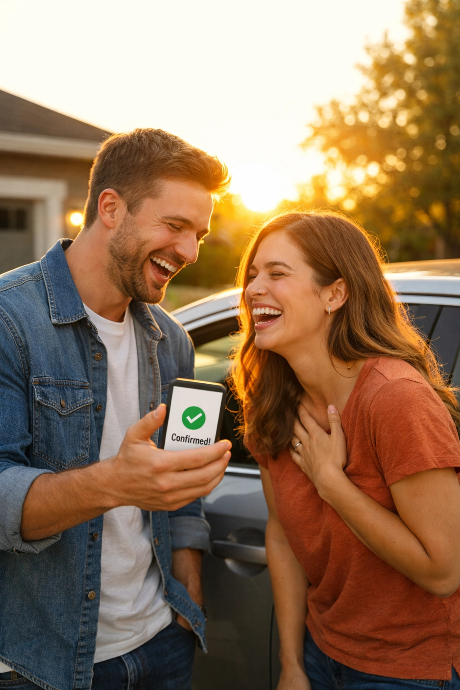A happy couple relieved after receiving approval for a fast cash loan in Canada on their phone.