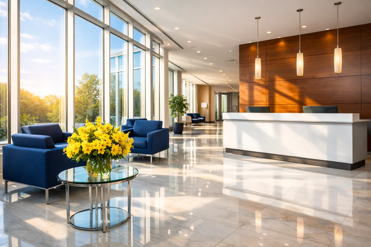 Clean corporate lobby in Groton, MA with polished marble floors and professional reception desk.