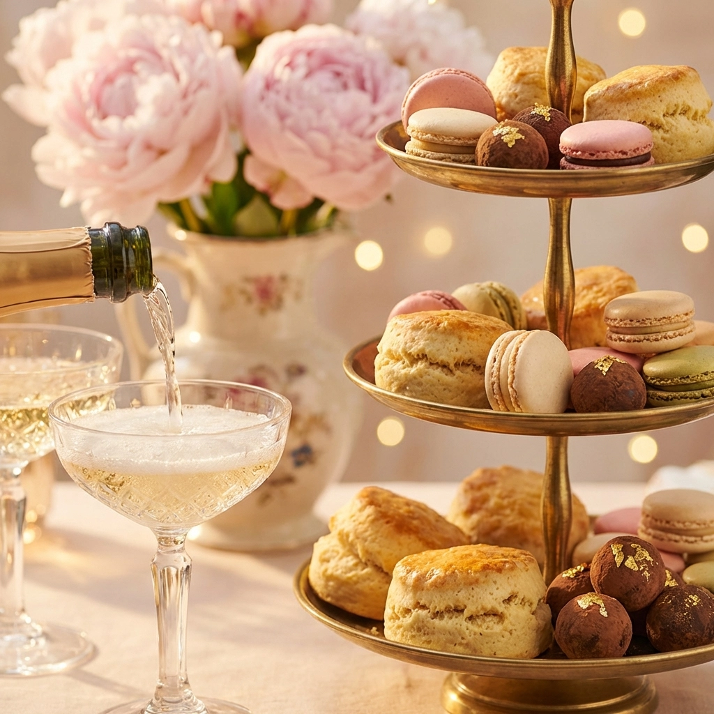 Champagne poured by a three-tiered stand with macarons and scones, showcasing luxury afternoon tea add-ons