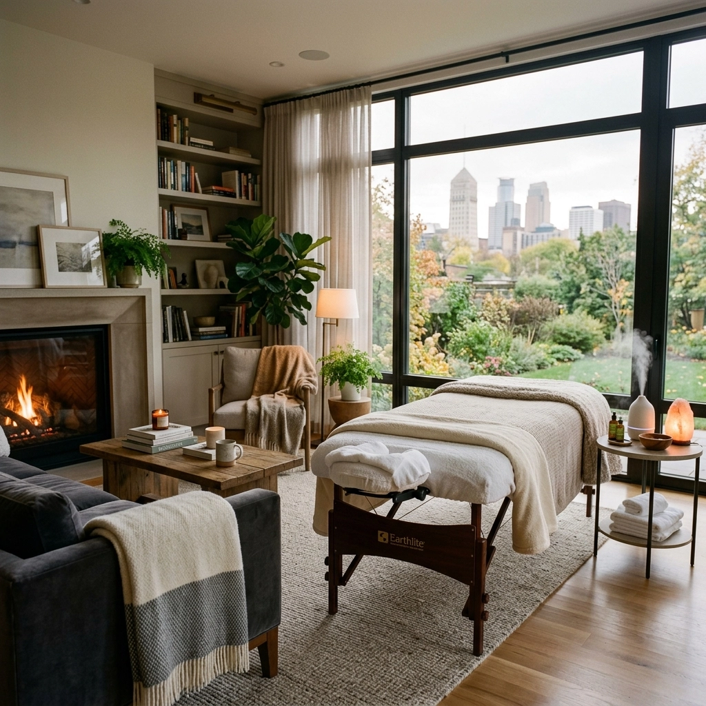 A professional massage table set up in a luxurious Minneapolis home, illustrating the comfort and privacy of in-home recovery sessions.
