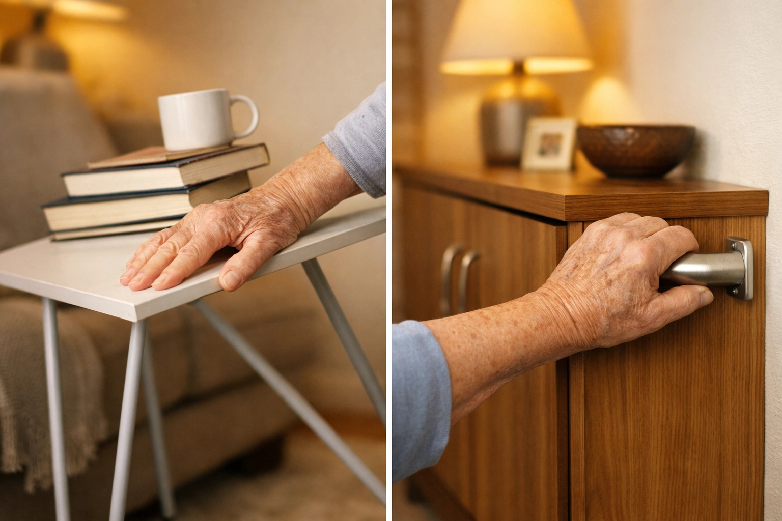 Side-by-side showing unstable furniture tipping versus sturdy anchored furniture for safety