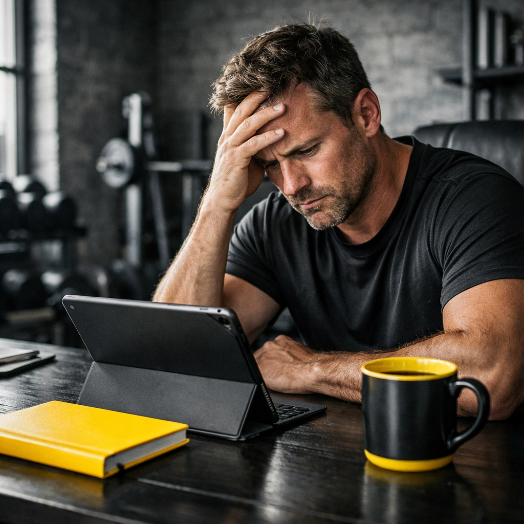 Frustrated fitness business owner reviewing poor marketing results on a tablet in a gym office.