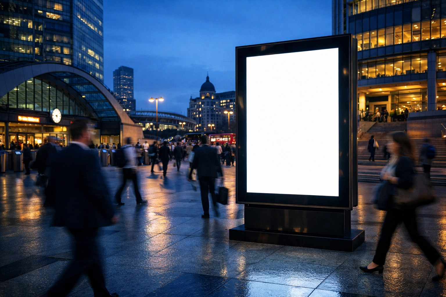 DOOH screen at a busy city transit hub demonstrating dayparting and hyper-targeted urban advertising.