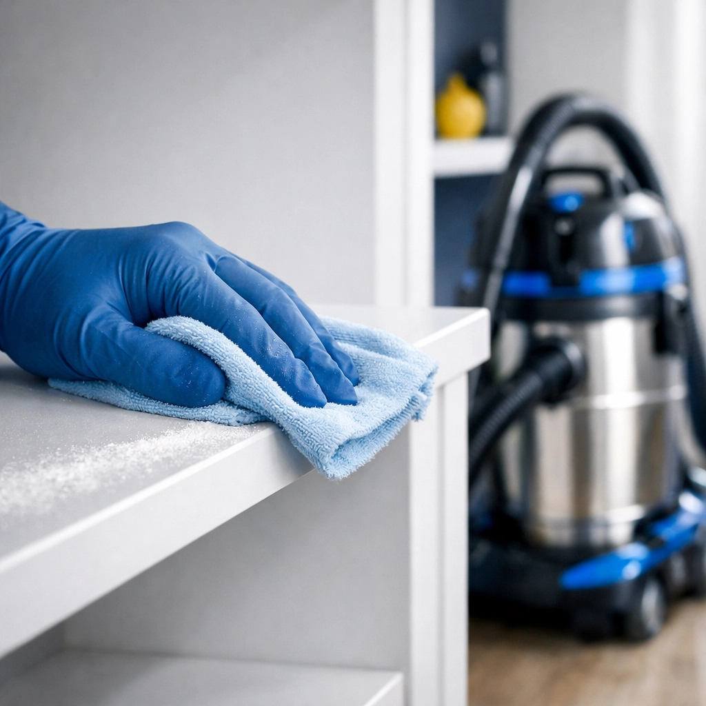 Meticulous deep cleaning of construction dust from a white bookshelf in a renovated home.