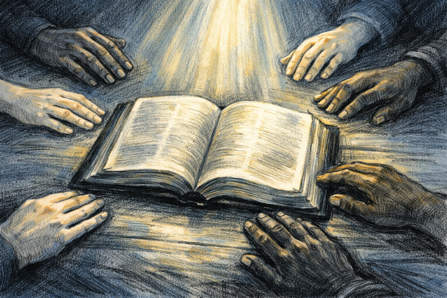 Open Bible with light radiating upward, diverse hands reaching toward 16 Fundamental Truths of Assemblies of God