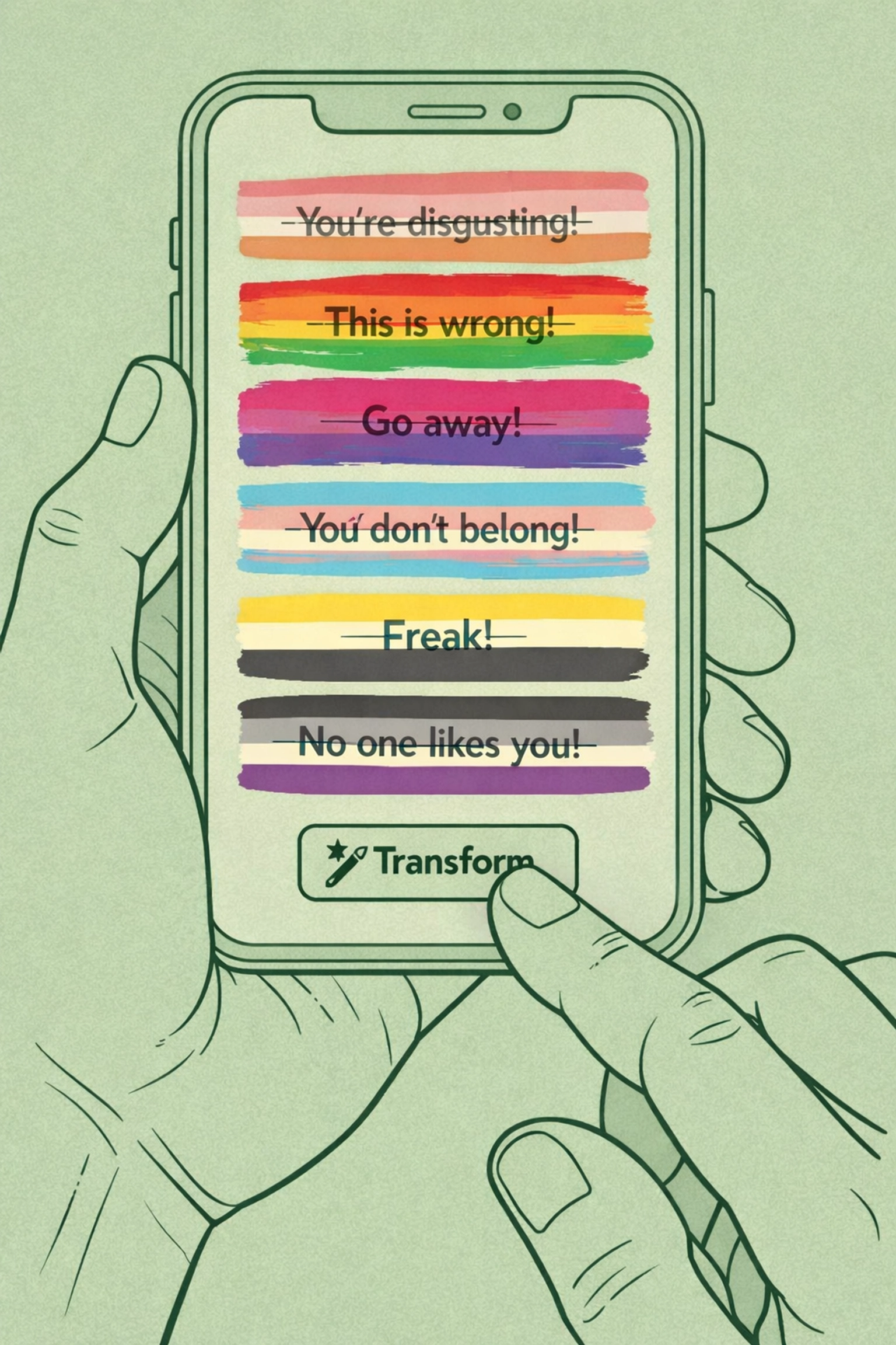 Hands holding phone transforming hate comments with Pride flag colors and rainbow overlay
