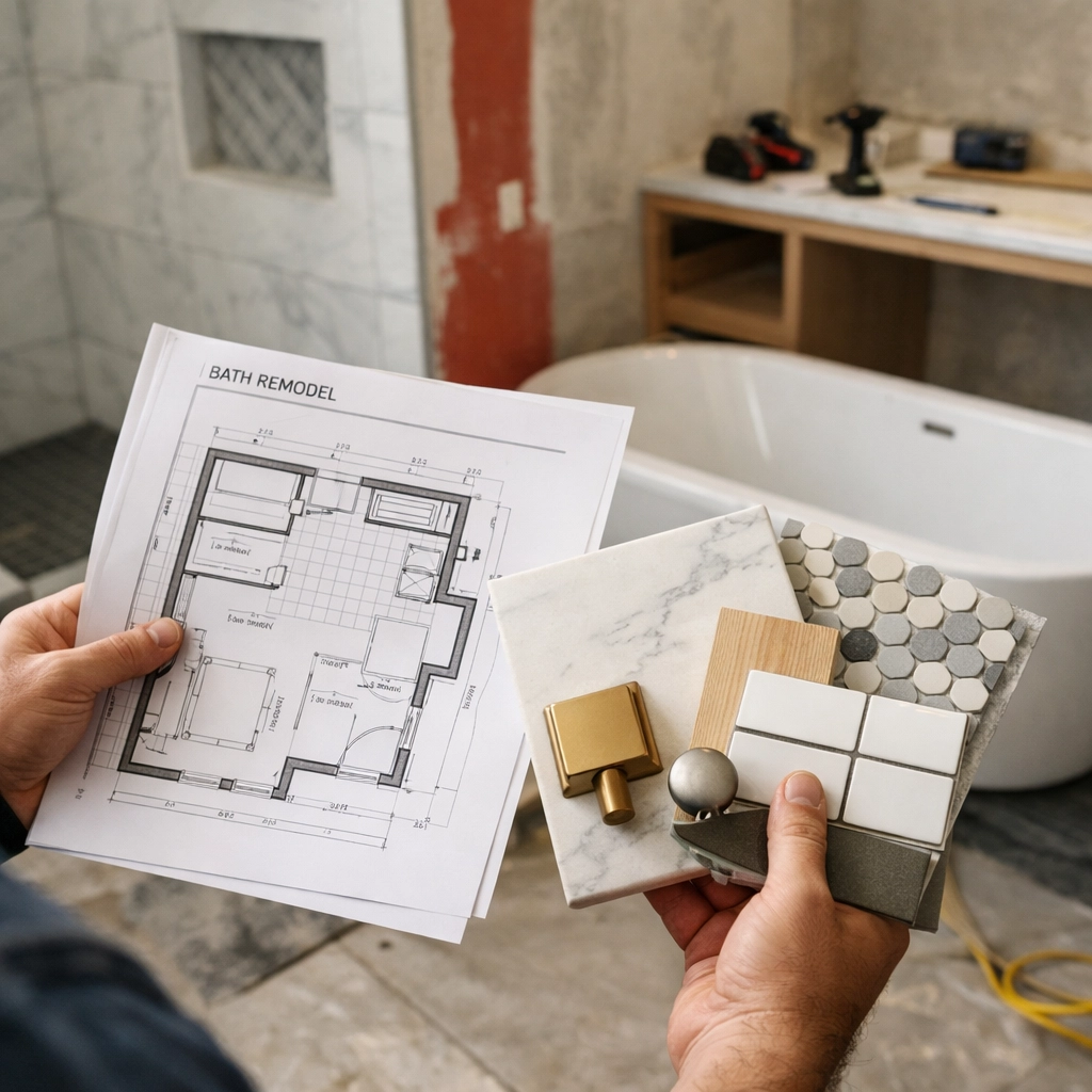 Bathroom remodeling Orlando planning with material samples and tile selections