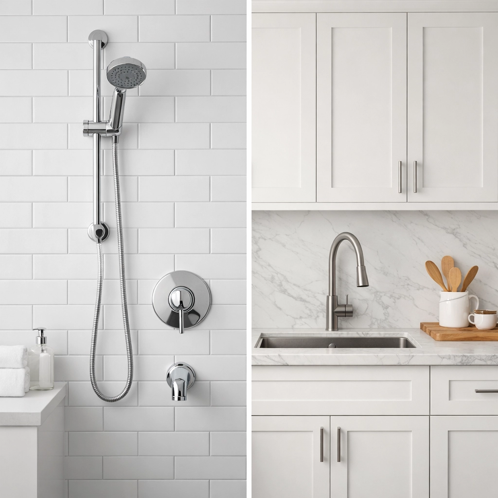 Side-by-side comparison of modern bathroom and kitchen renovation materials