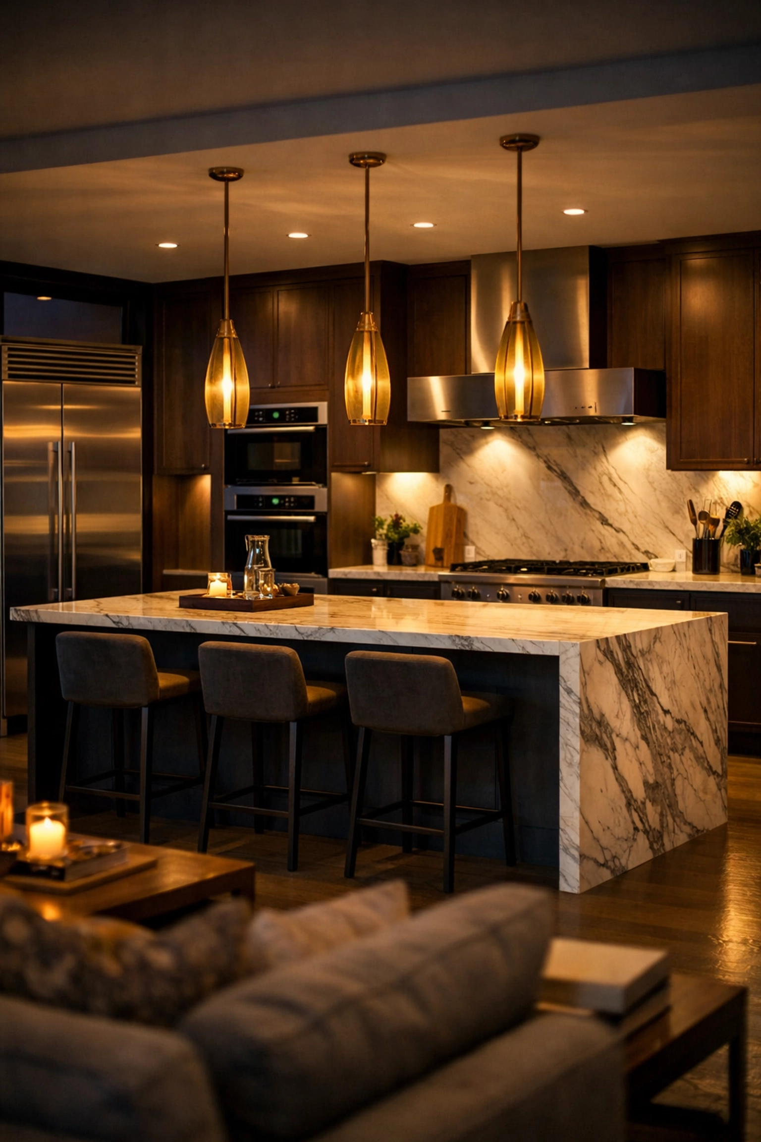 Luxury kitchen renovation featuring a marble-topped island and designer lighting in a West Sussex home.