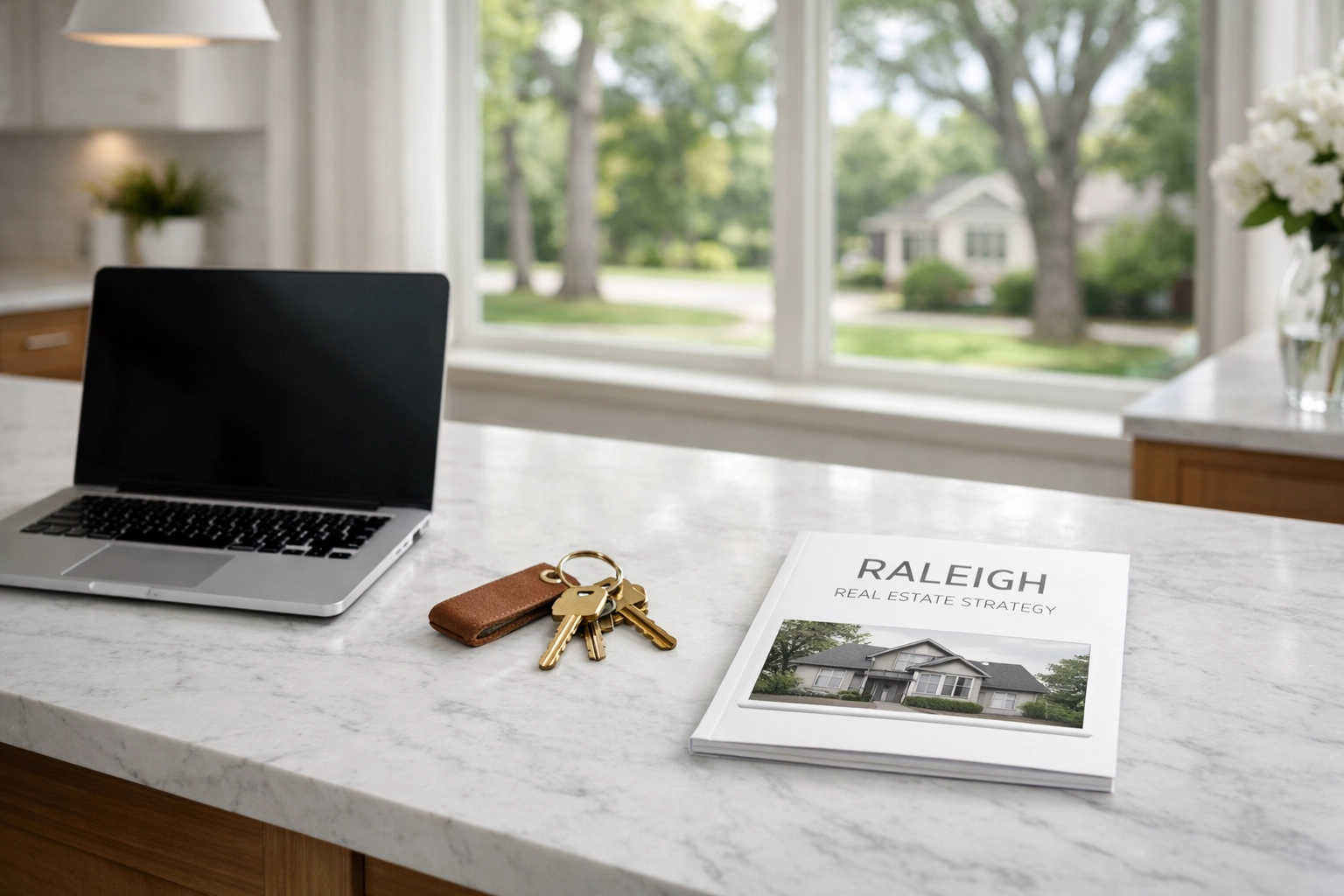 Keys and a real estate strategy plan on a marble kitchen island in a high-end Raleigh home.