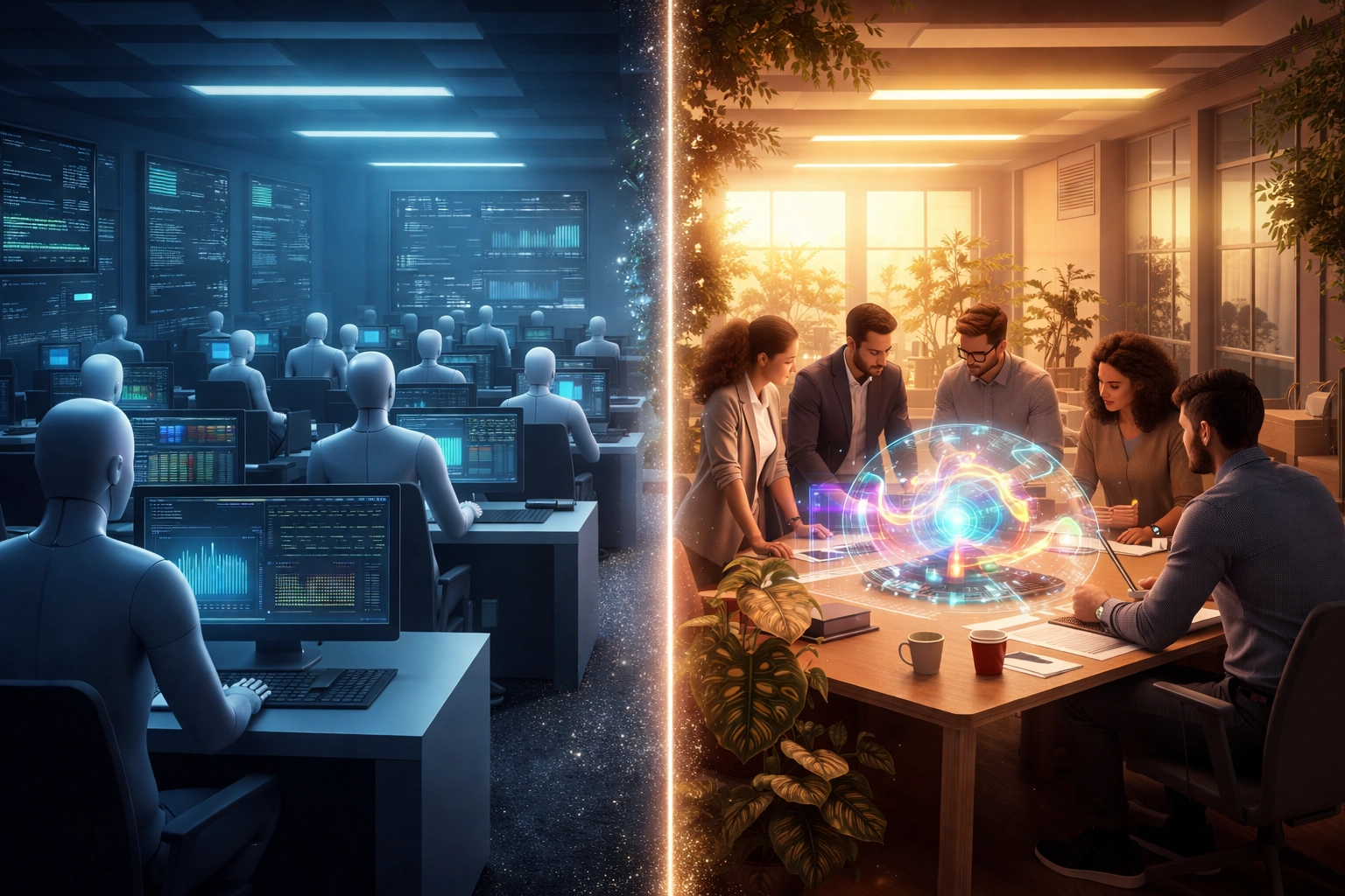 Split image of a traditional AI workspace with isolated workers versus a collaborative, human-centered AI office setting