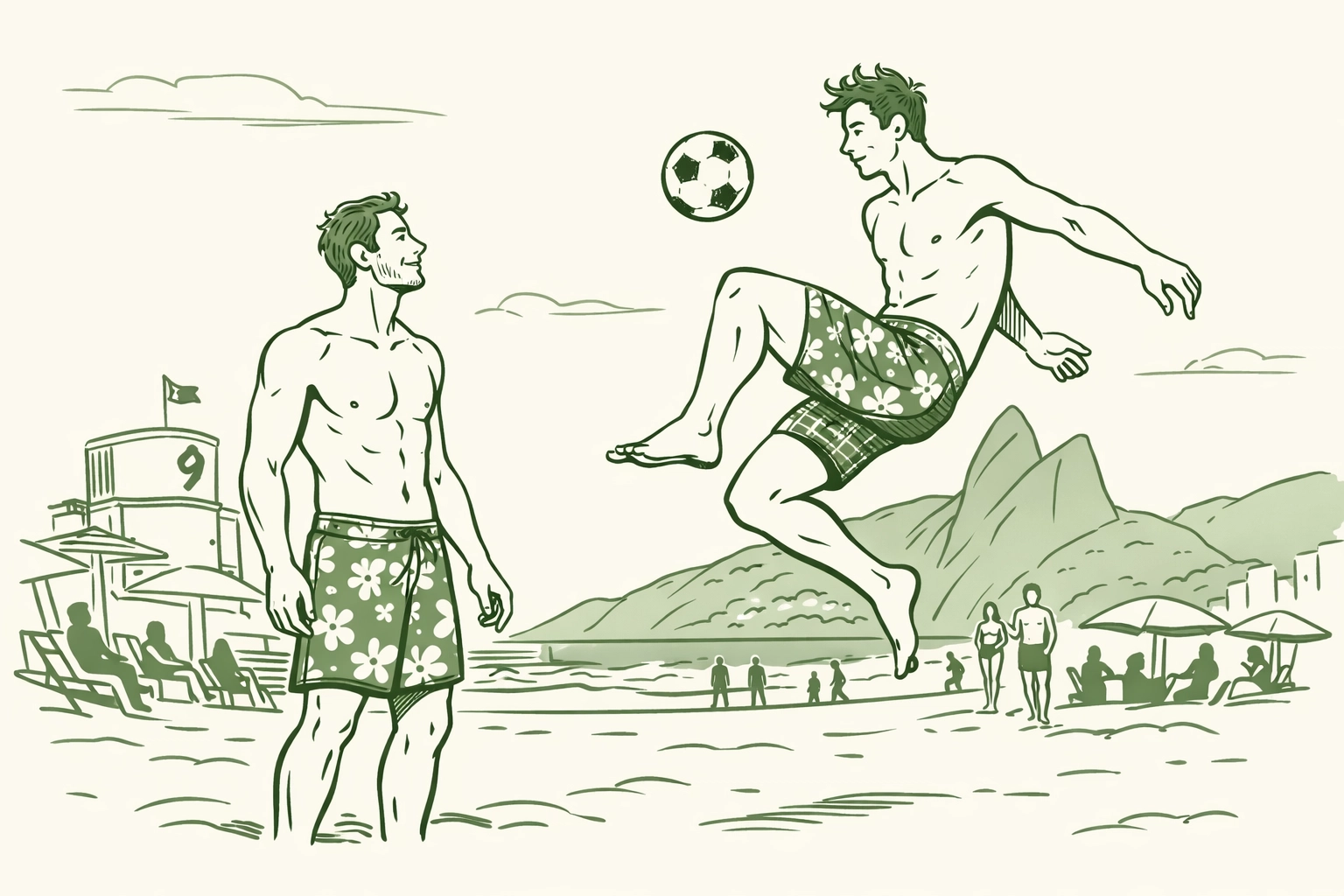 Two men playing footvolley on Ipanema's gay beach at Posto 9 Rio de Janeiro