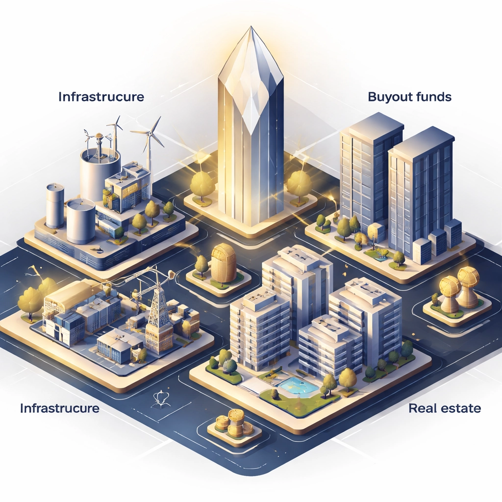 Futuristic city block illustrating private equity diversification across real estate, credit, and infrastructure.