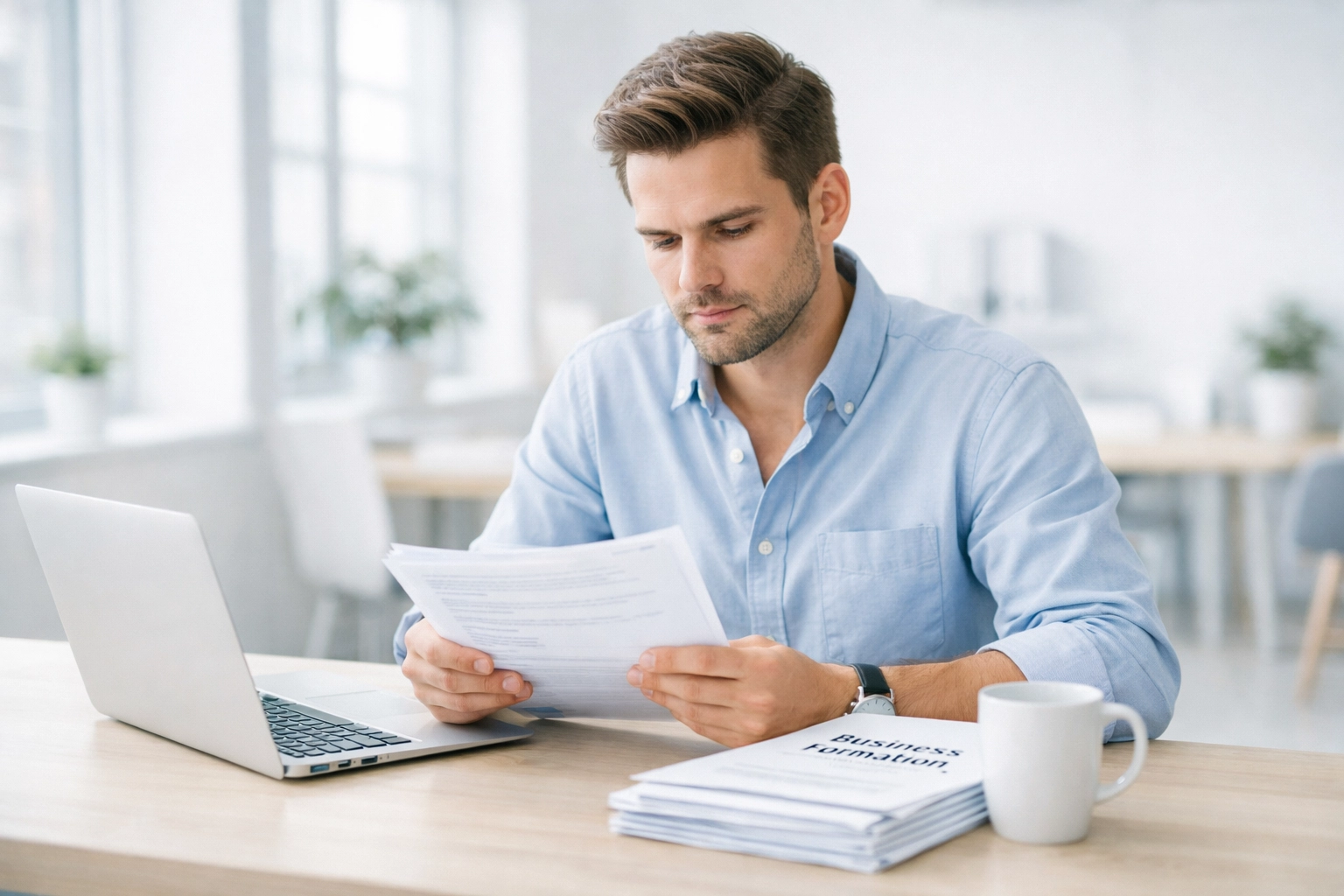 Entrepreneur reviewing business formation documents and LLC paperwork at modern workspace