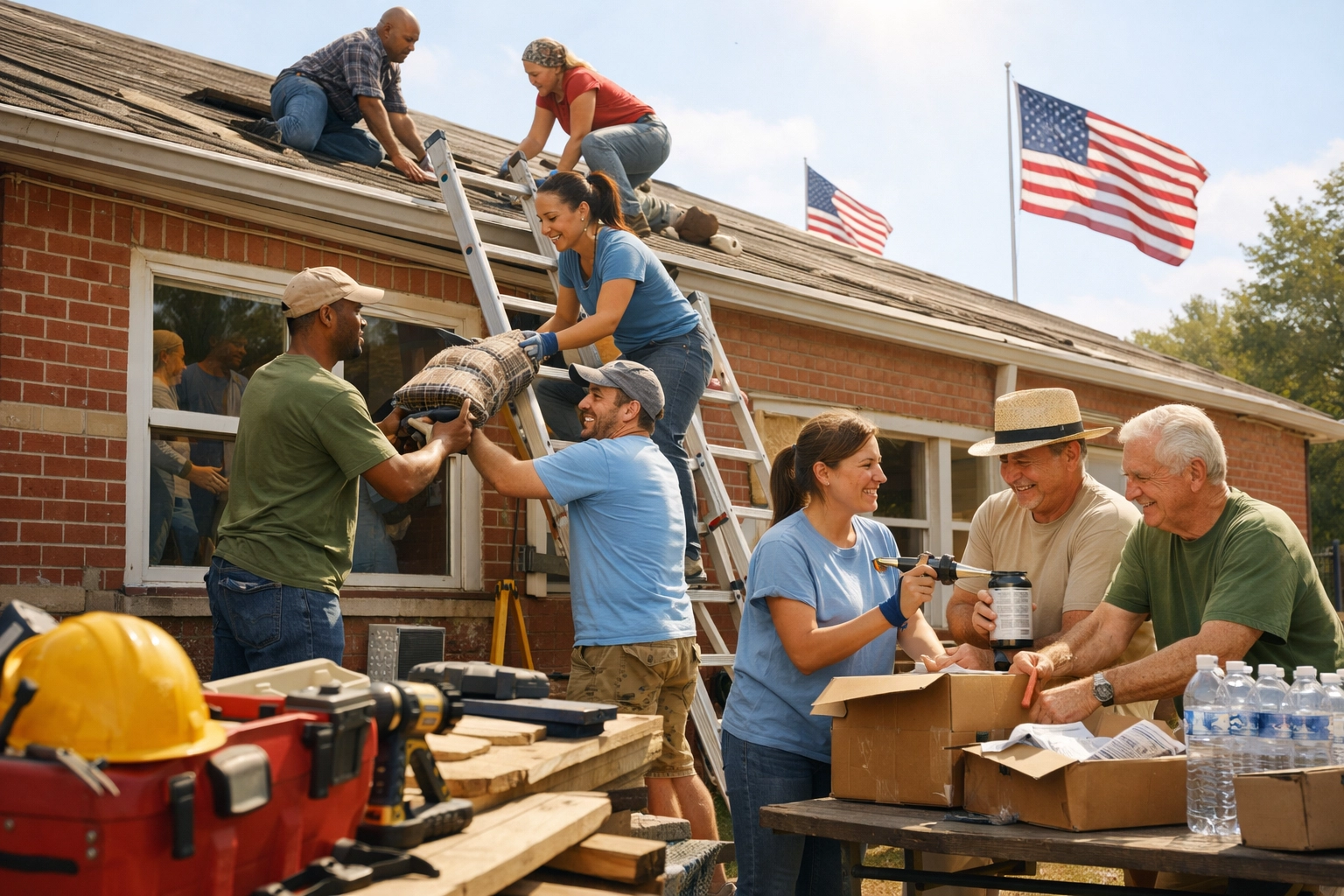 Community volunteers working together to repair school building damaged by winter storms