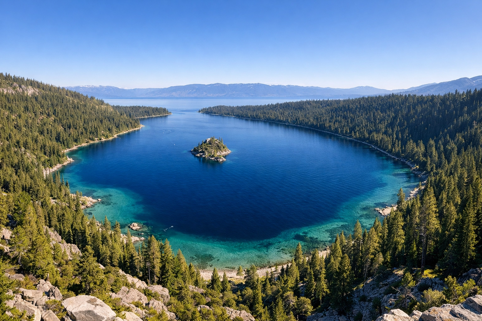 The horseshoe shape of Emerald Bay from Inspiration Point, a must-see Lake Tahoe landscape spot.