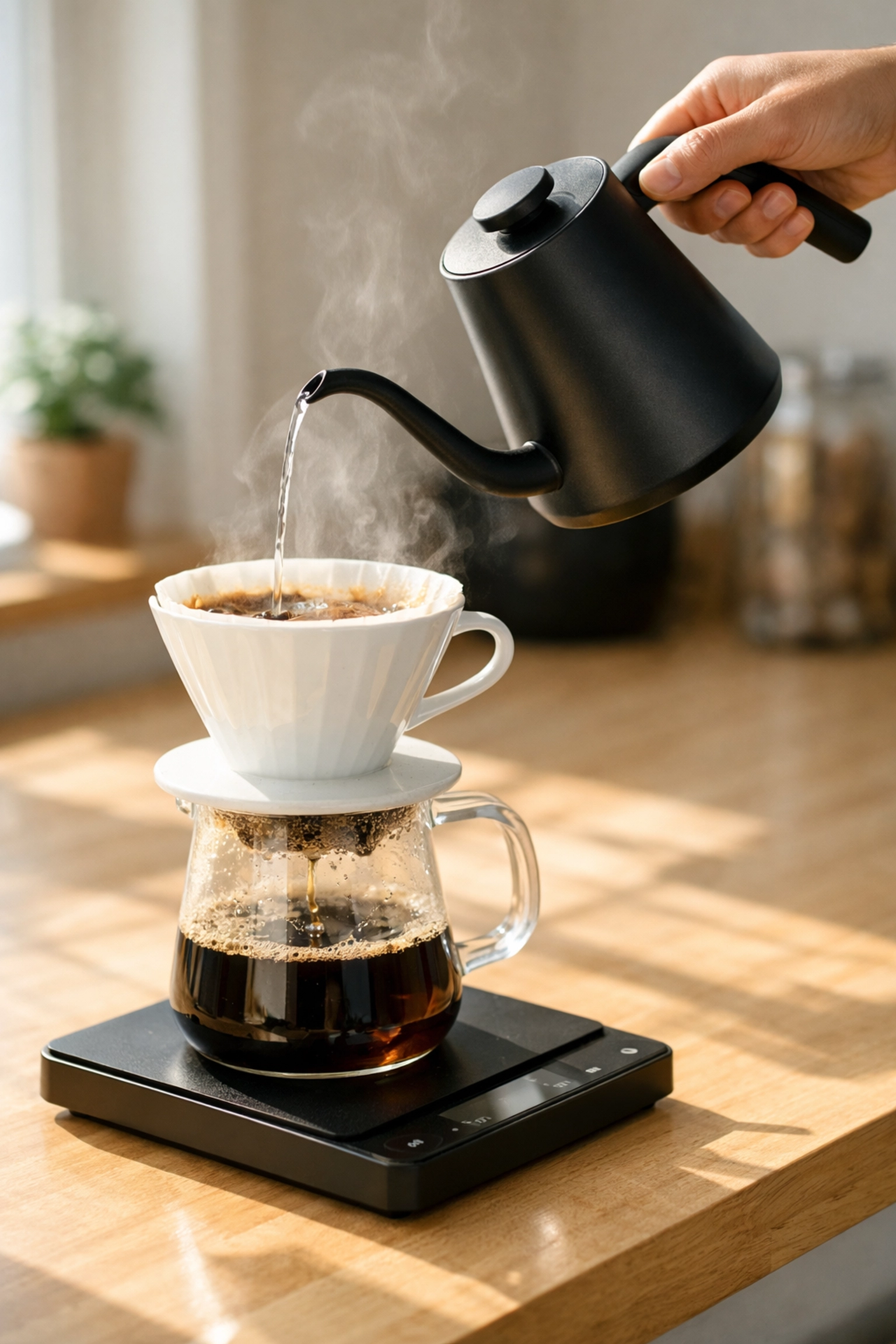 Precision coffee brewing using a gooseneck kettle, ceramic dripper, and digital scale on a kitchen counter.