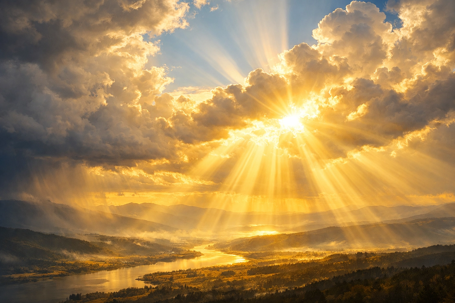 Radiant light rays breaking through clouds over a valley, symbolizing hope and God's final judgment.