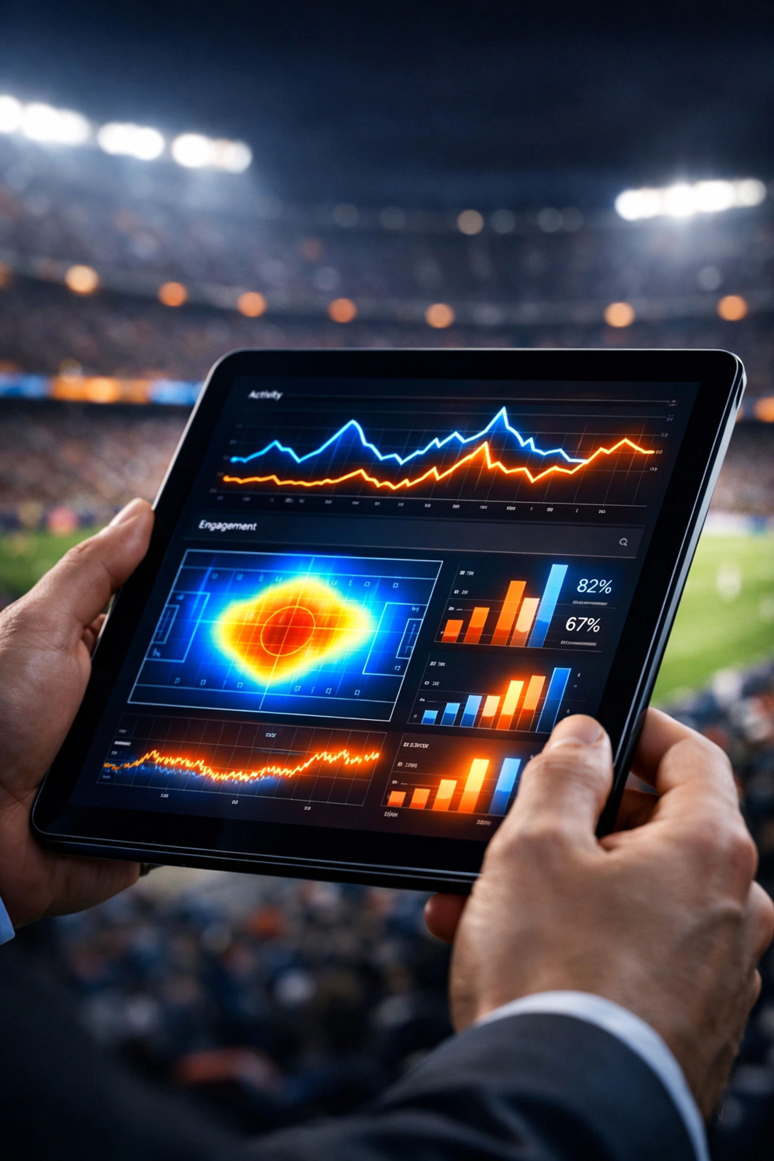 Real-time NIL marketing analytics dashboard showing athlete engagement metrics during a major game.