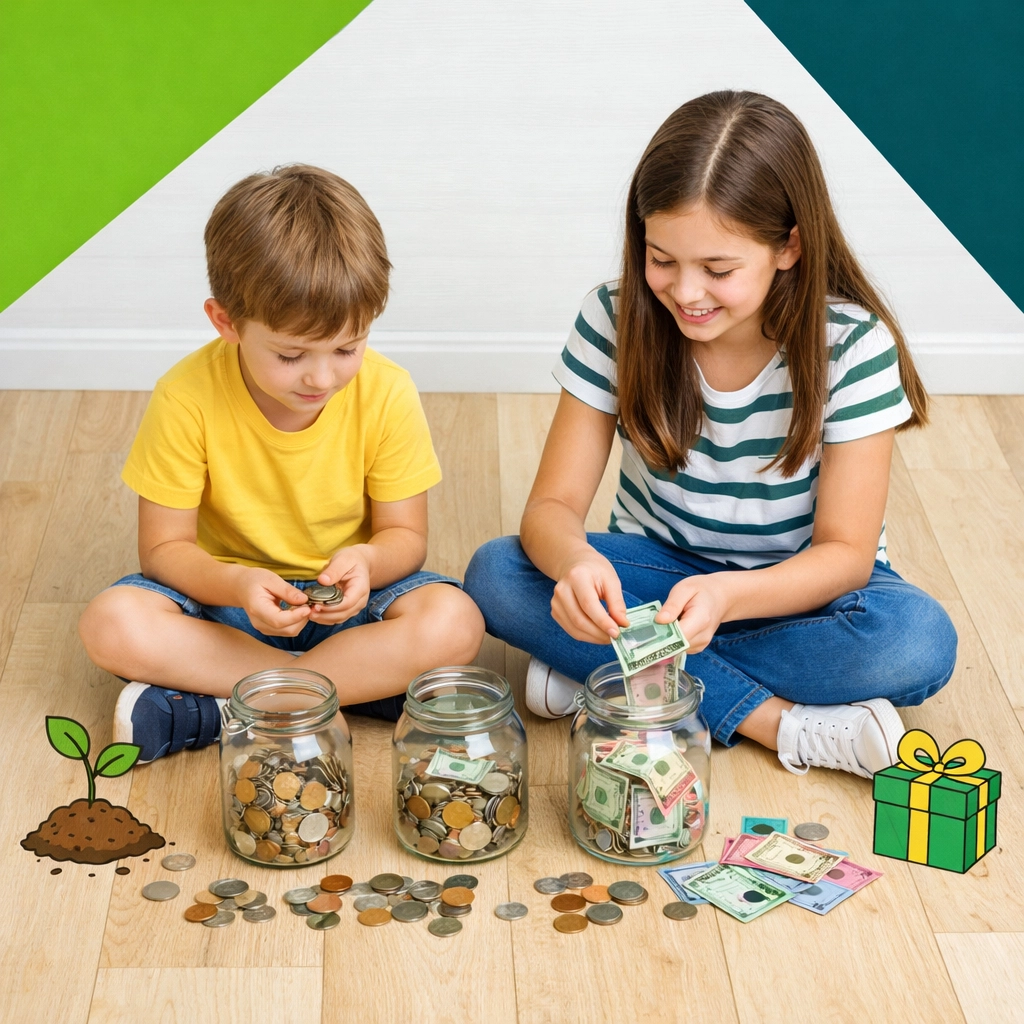 Children learning financial literacy by sorting money into jars for savings and giving.