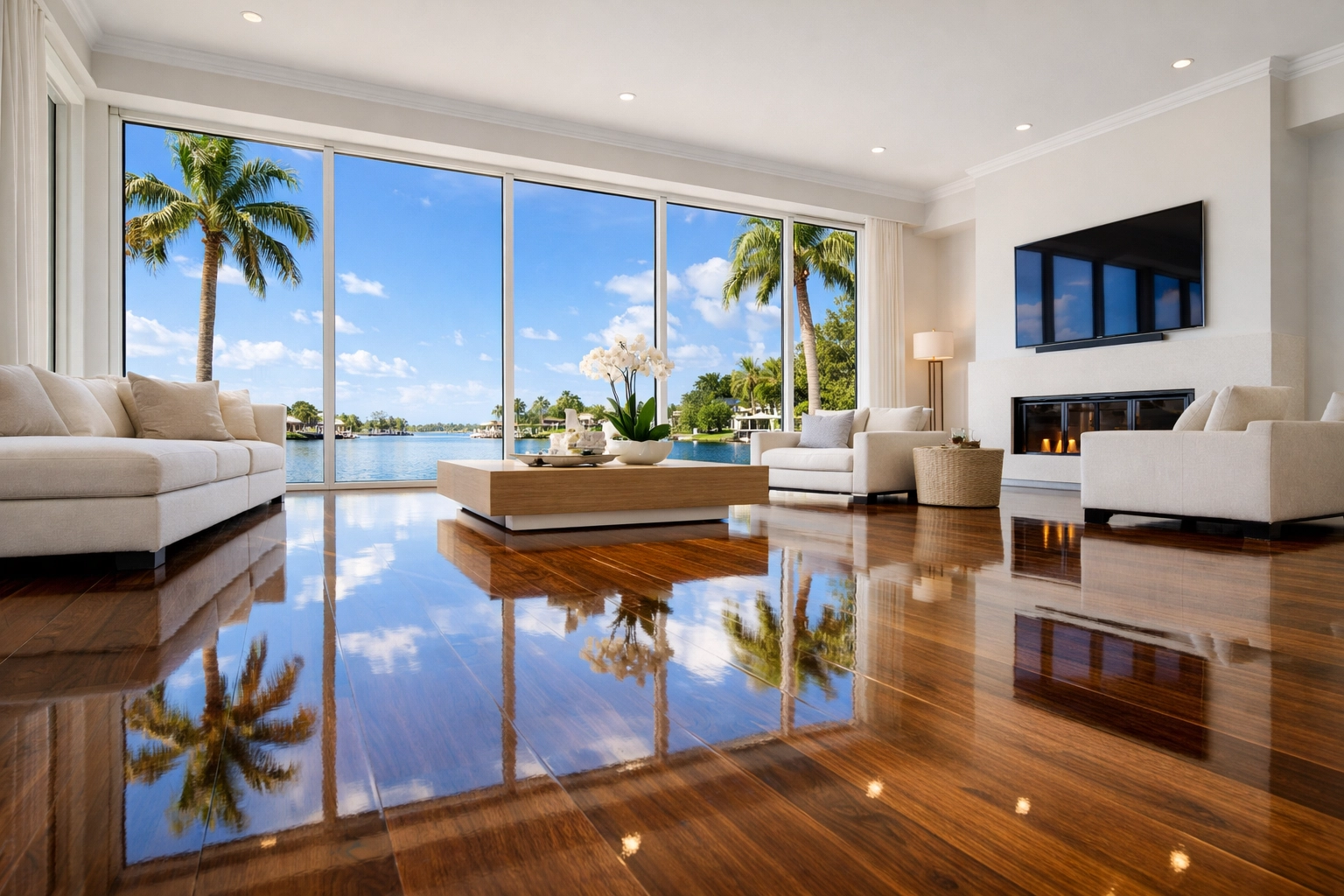 Luxury St. Petersburg living room with high-gloss hardwood floors after a professional real estate cleaning.