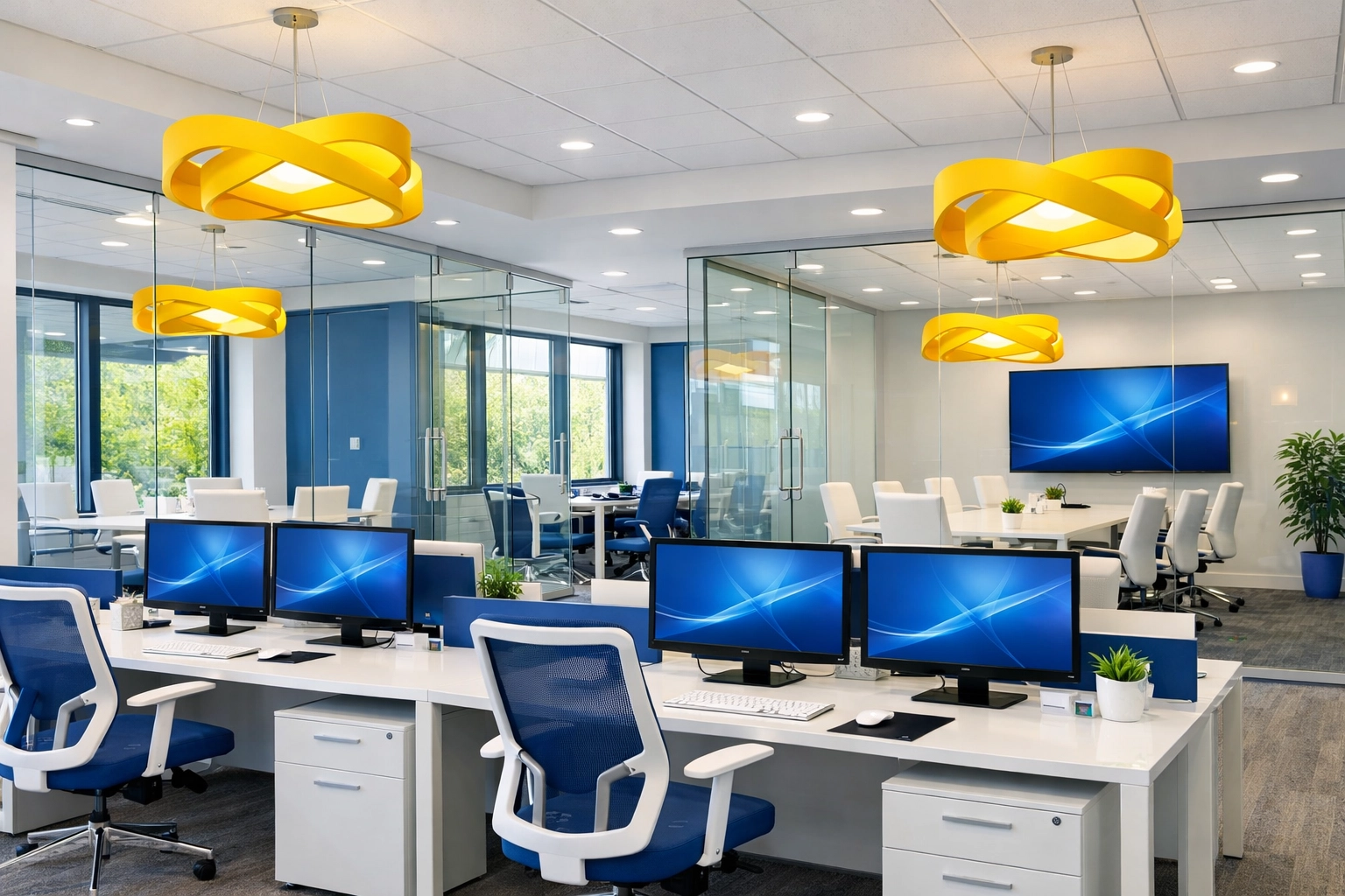 Sanitized modern office workstations in Harvard, MA, highlighting healthy commercial cleaning standards.