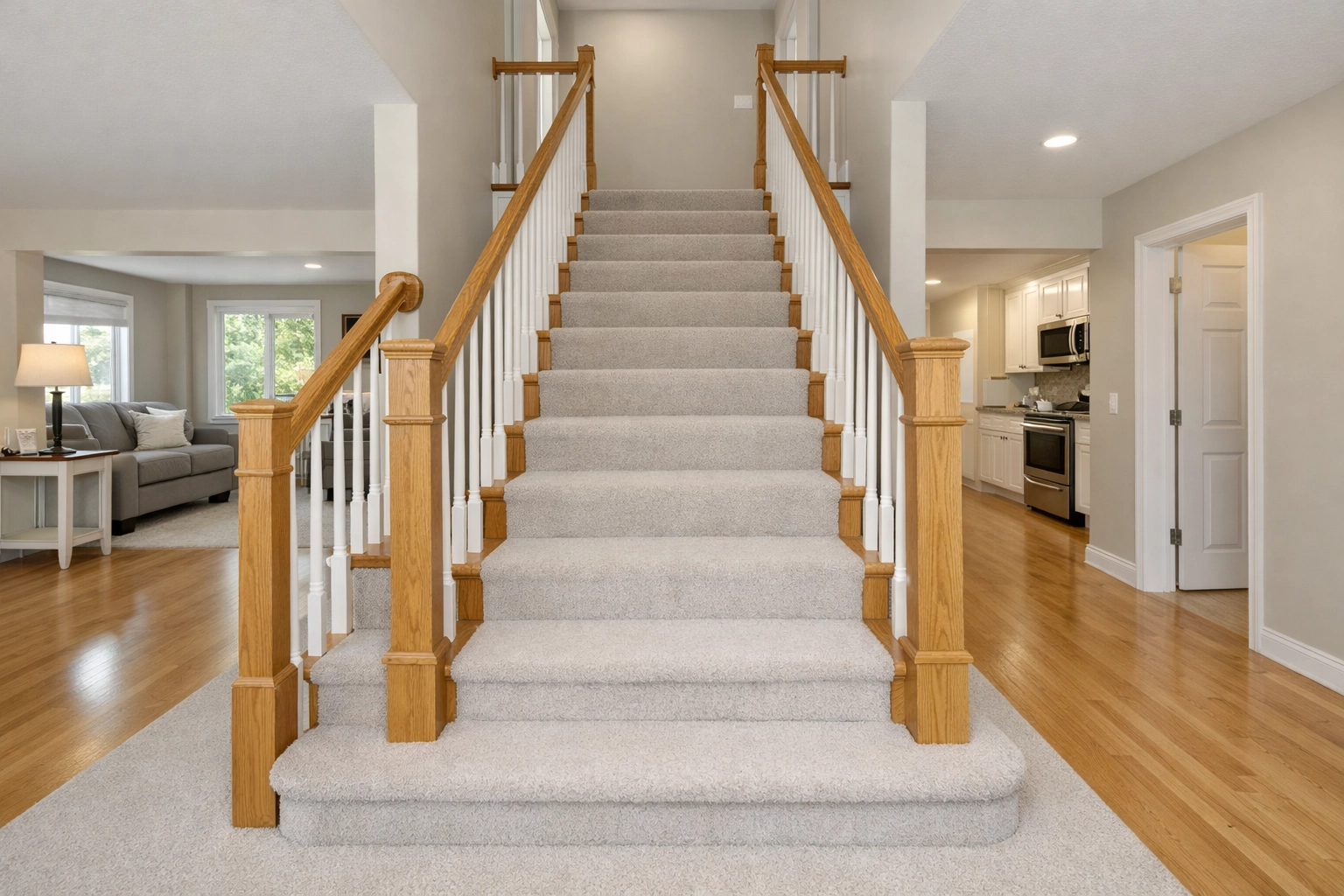 A clean and organized carpeted staircase free of clutter to prevent household tripping hazards.