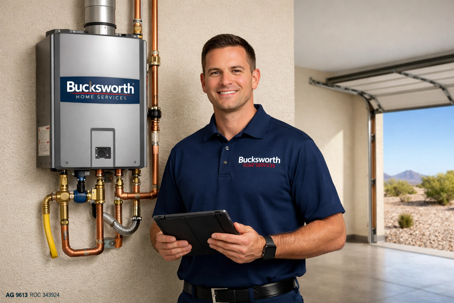 Bucksworth technician providing expert water heater replacement services for homeowners in Queen Creek, Arizona.