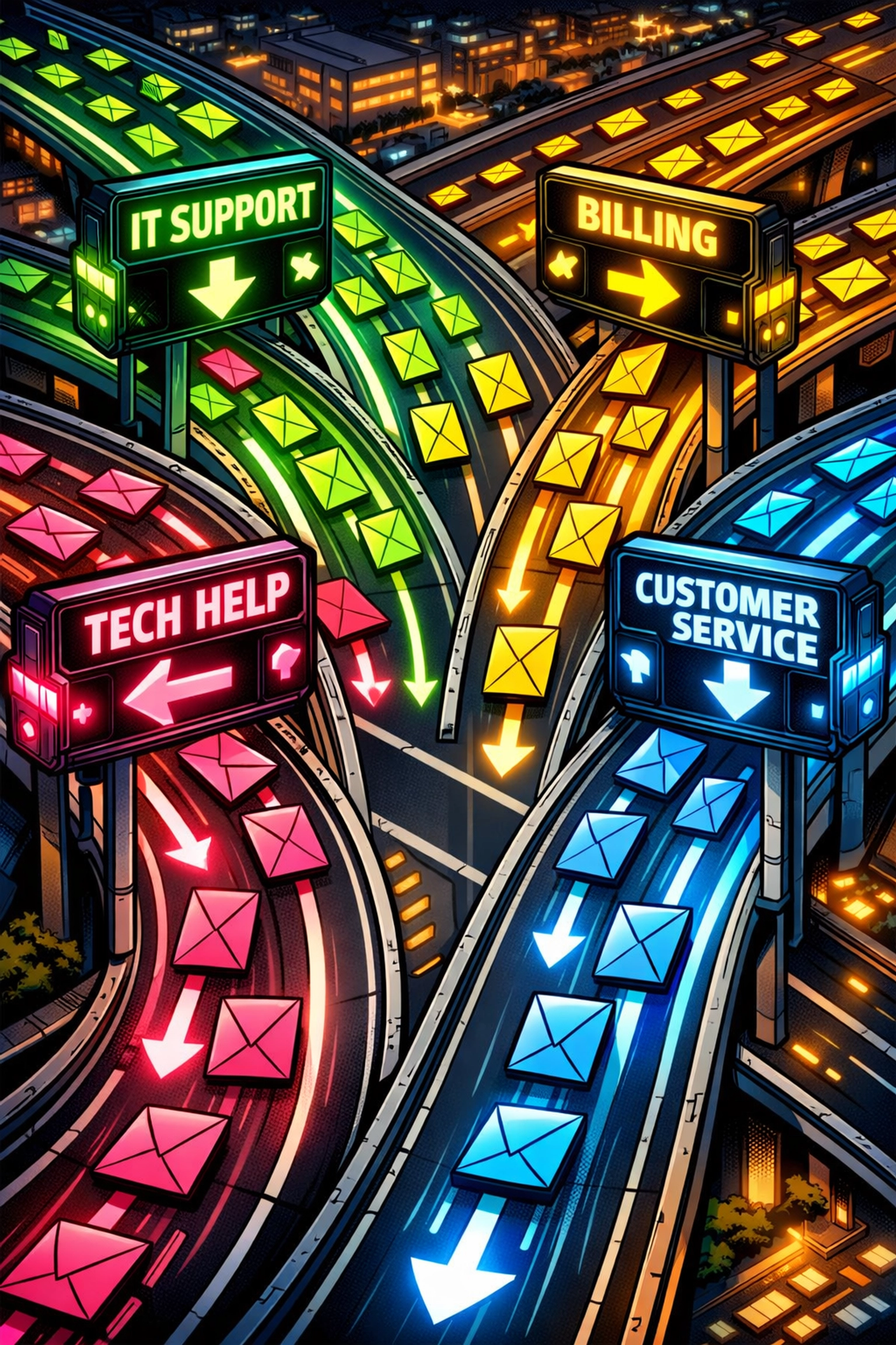 AI-powered support ticket routing system automatically sorting customer requests to departments
