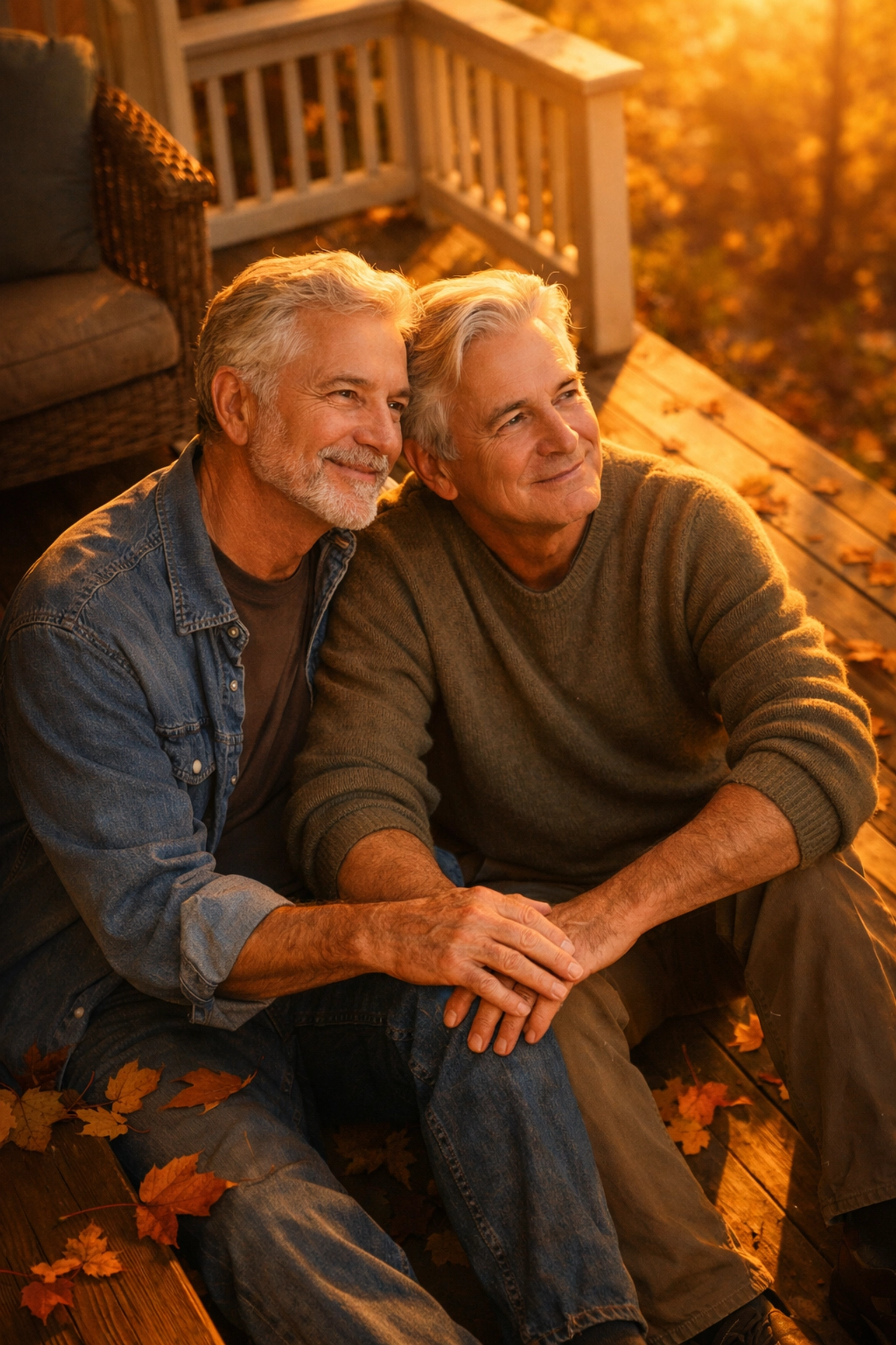 Two silver-haired men in their 60s sharing an intimate moment on a porch at sunset