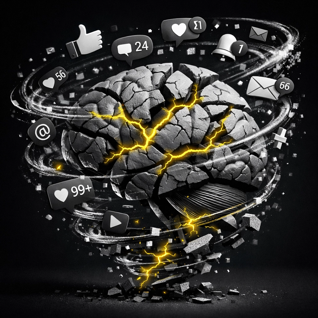 Fragmented brain illustrating how social media distractions break business focus and productivity