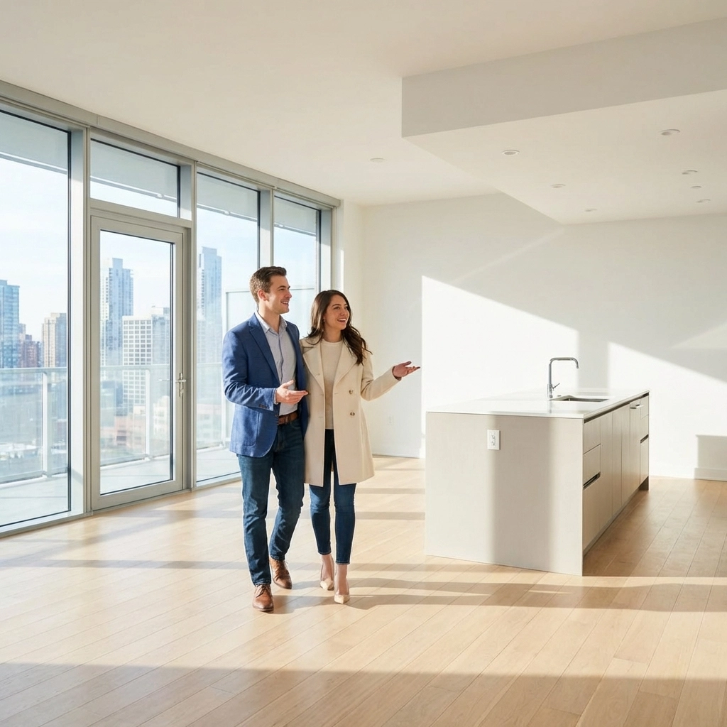 Young couple touring a modern Vancouver condo, representing condo market advantages for buyers in 2026.