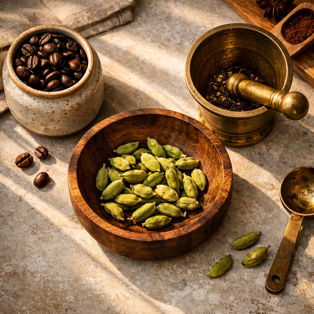Farm-fresh cardamom pods in a wooden bowl on a kitchen counter for a healthy morning spice ritual.