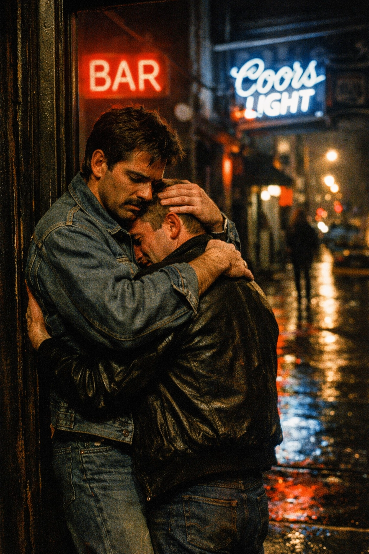 Gay men embracing at bar entrance during 1980s AIDS crisis, showing community solidarity