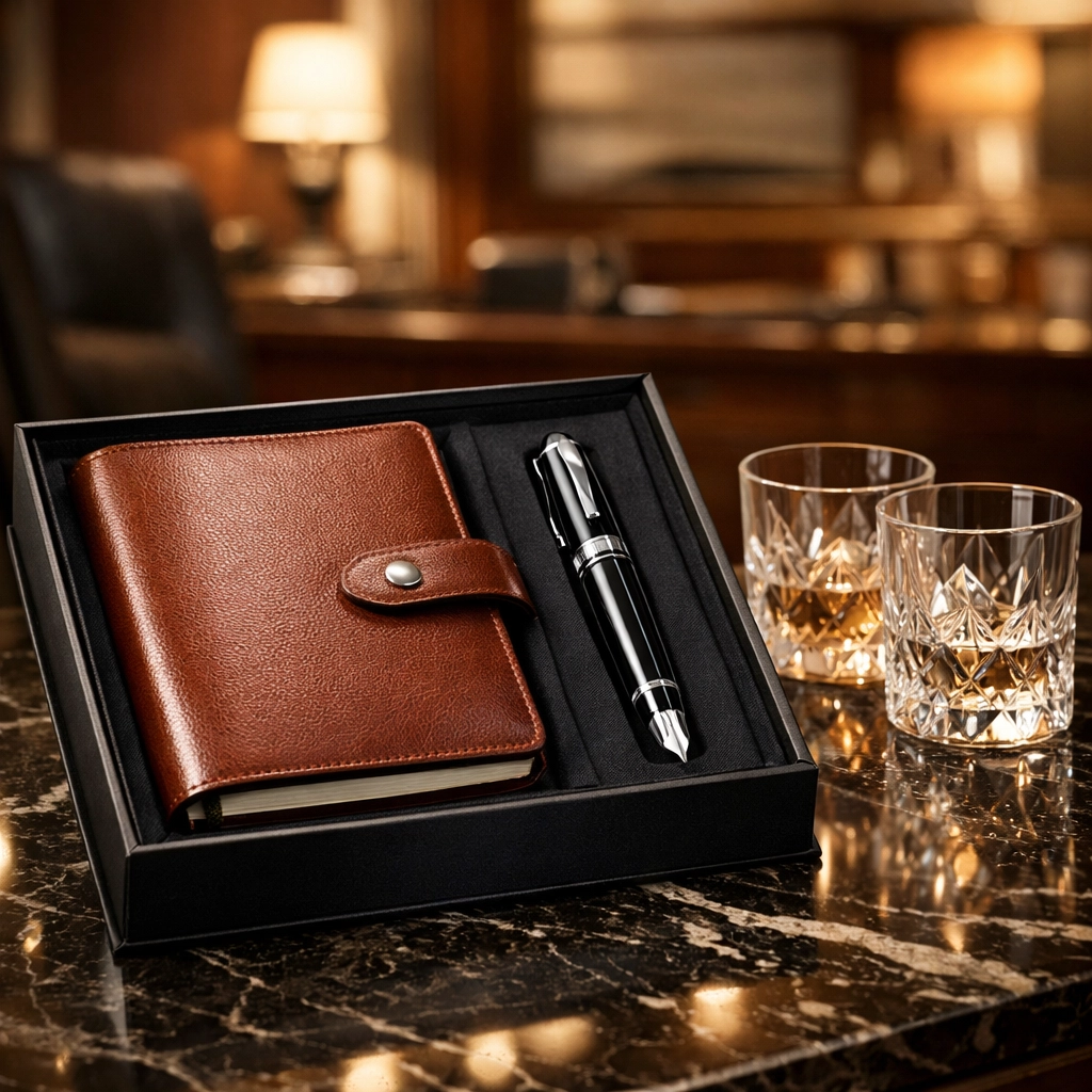 Premium executive gift set on a marble desk representing successful corporate networking outcomes.