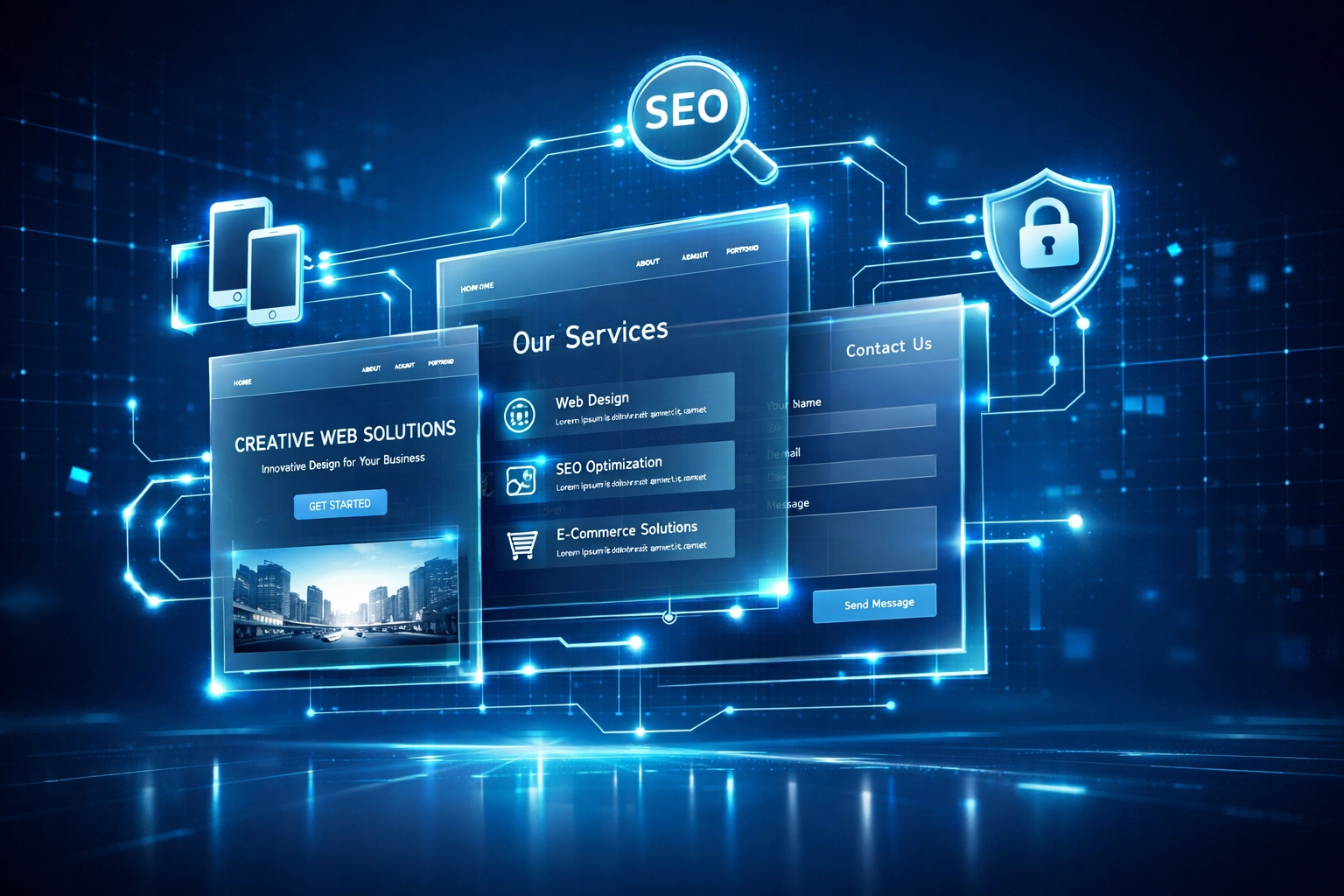 Professional website design features including mobile responsiveness, SEO optimization, and security