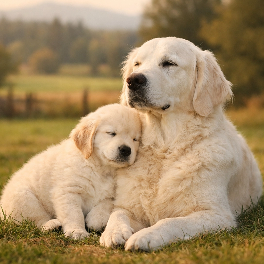 English Cream Golden Retriever puppy with mother in Oregon showing inherited calm temperament