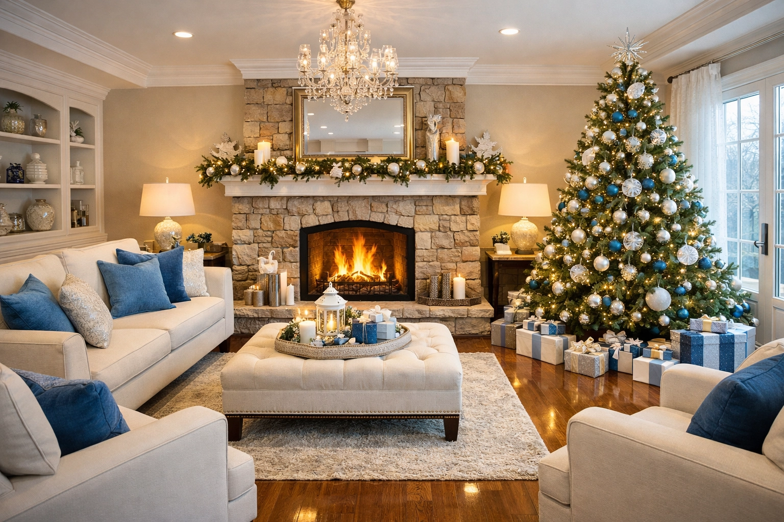 Clean Harvard living room with a holiday tree and spotless floors, showcasing professional cleaning results.