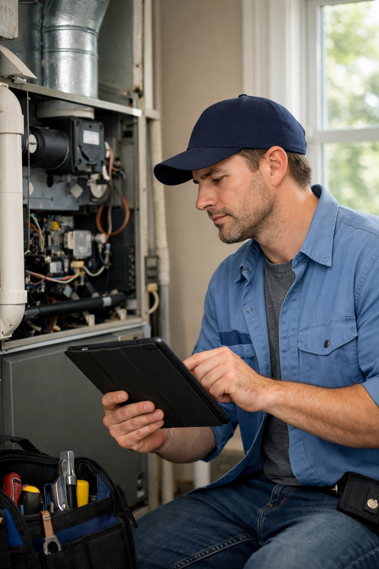 Professional maintenance technician inspecting HVAC system in Delaware rental property