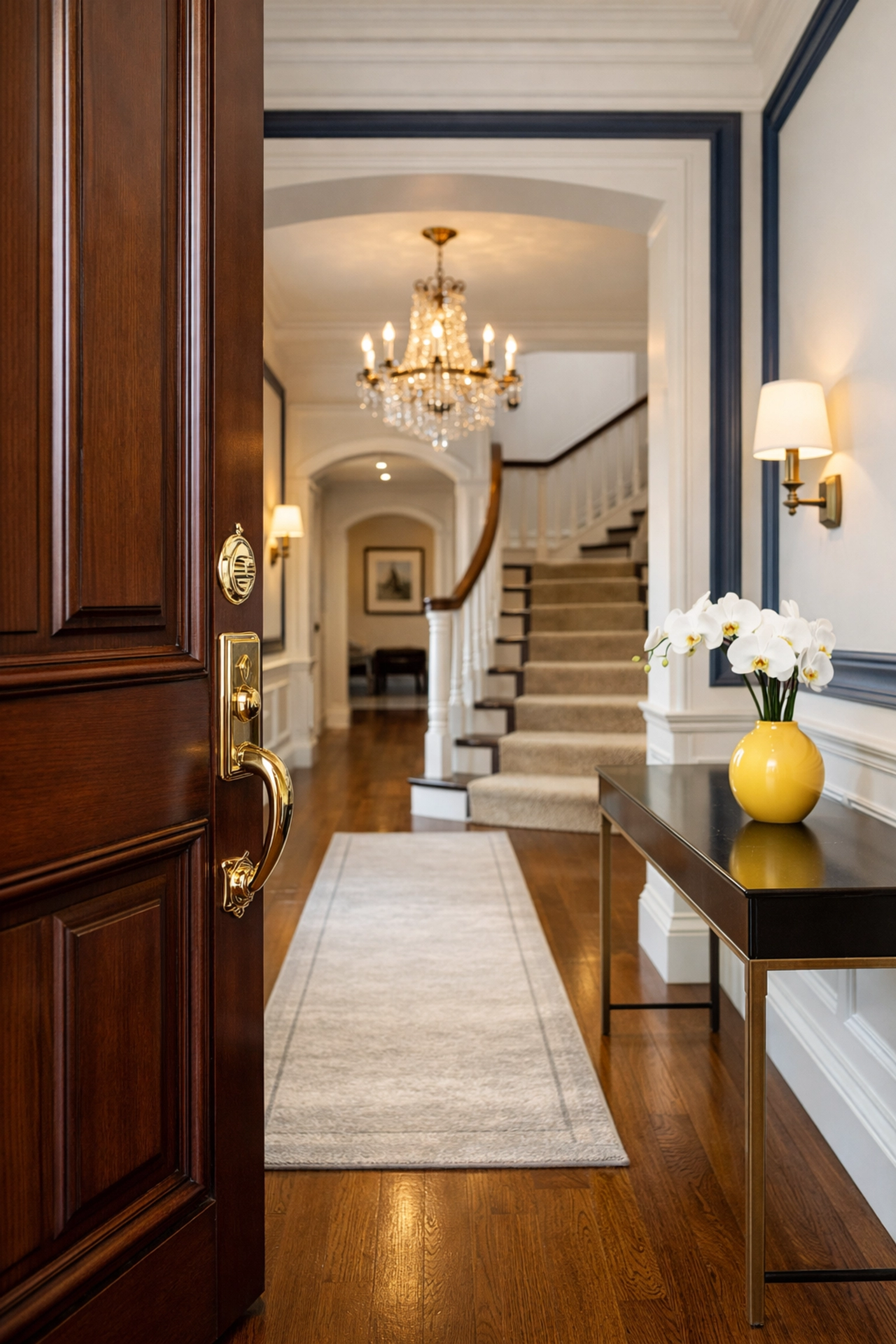 A pristine grand entryway of a Reading MA estate showcasing high-end residential cleaning.