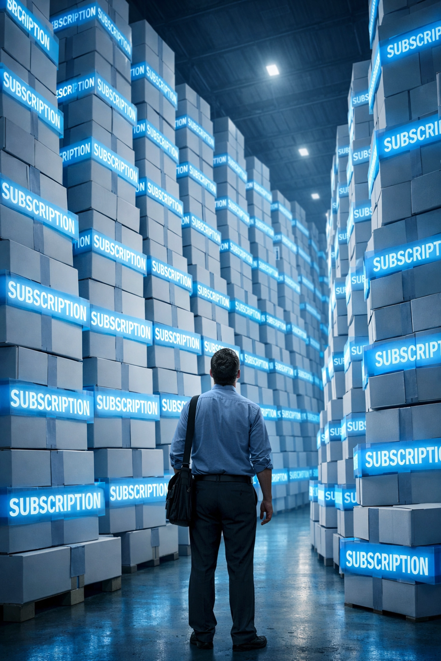 Custom Software Development Vs. SaaS Subscriptions: Which Is Better For Your SMB in 2026? 2 Office worker overwhelmed by generic SaaS subscription boxes, highlighting the need for business process automation.